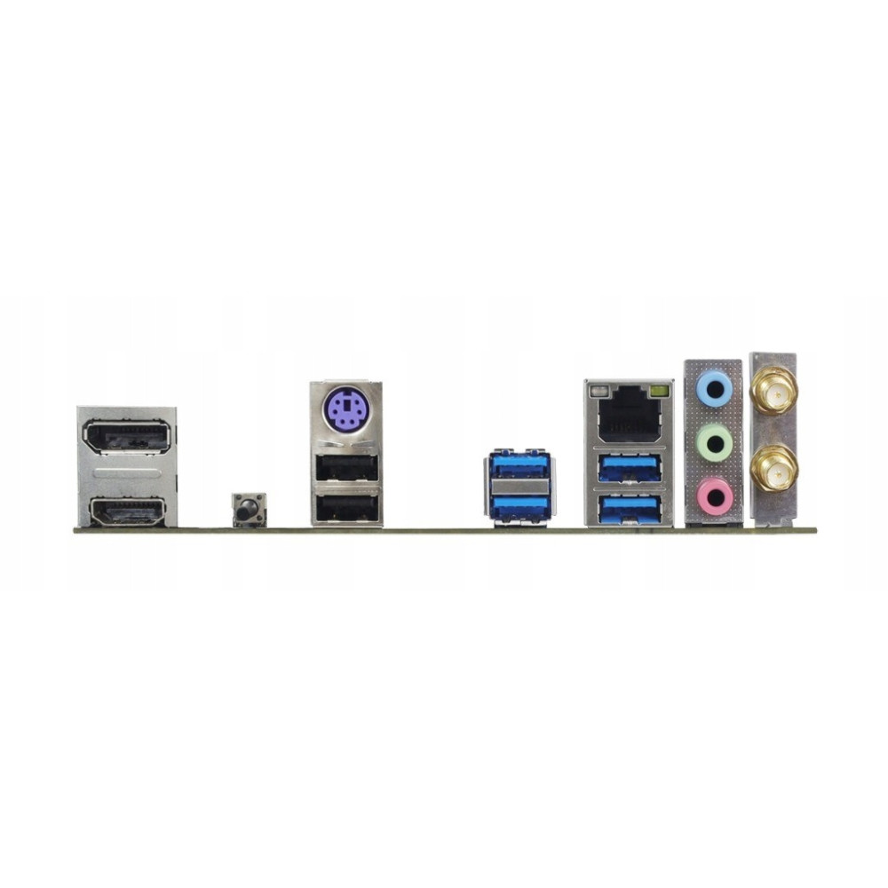 Tylny panel płyty głównej z portami USB, HDMI, audio i antenowymi na czarnym tle.