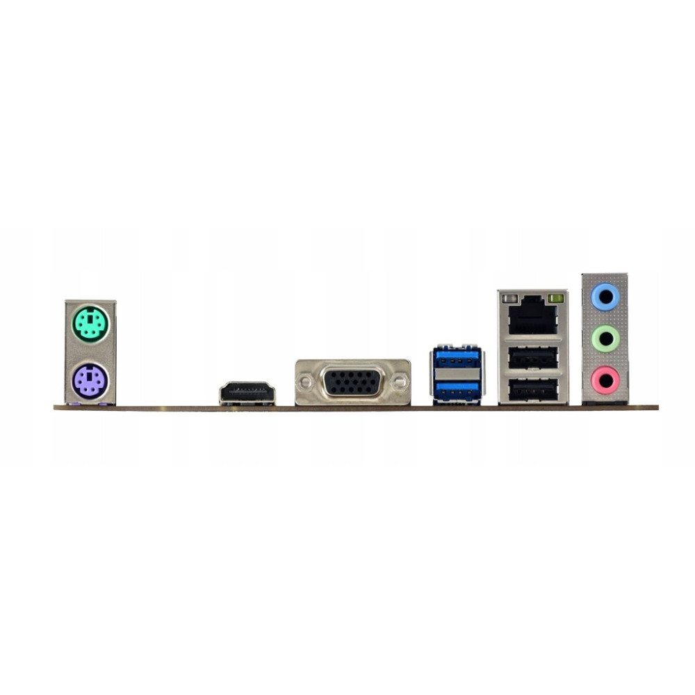 Panel I/O płyty głównej z portami PS/2, HDMI, VGA, USB 3.0, Ethernet i audio na białym tle.