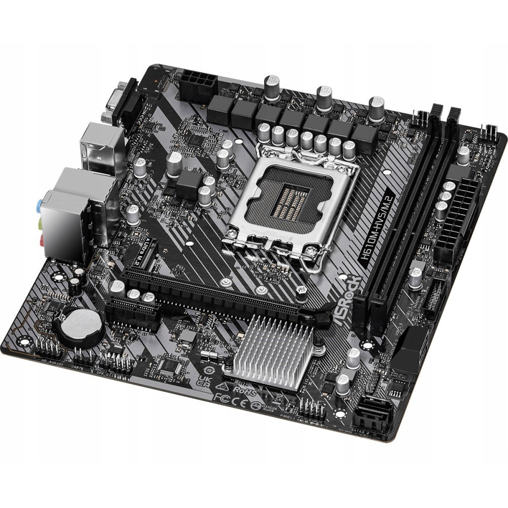Czarna płyta główna ASRock H610M-HVS/M.2 z gniazdem procesora, slotami RAM i portami.