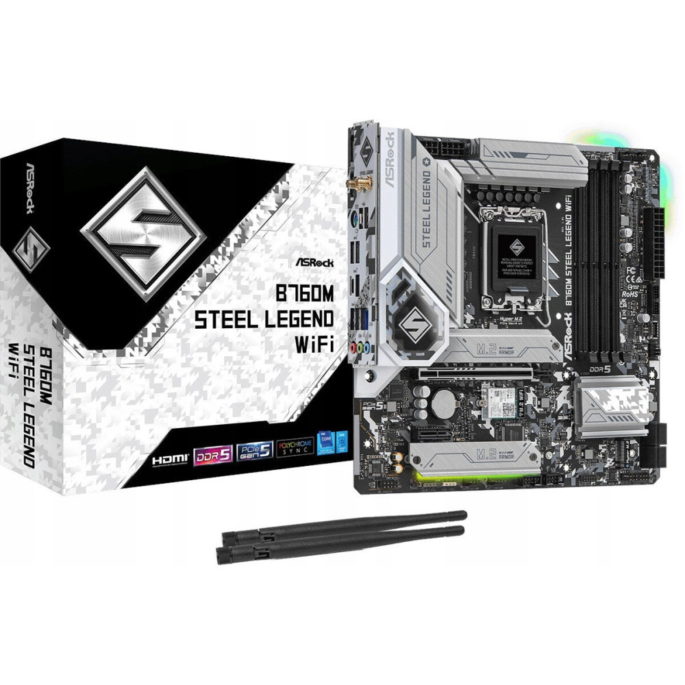 Plyta glowna ASRock B760M Steel Legend WiFi z pudelkiem i dwoma antenami na bialym tle.