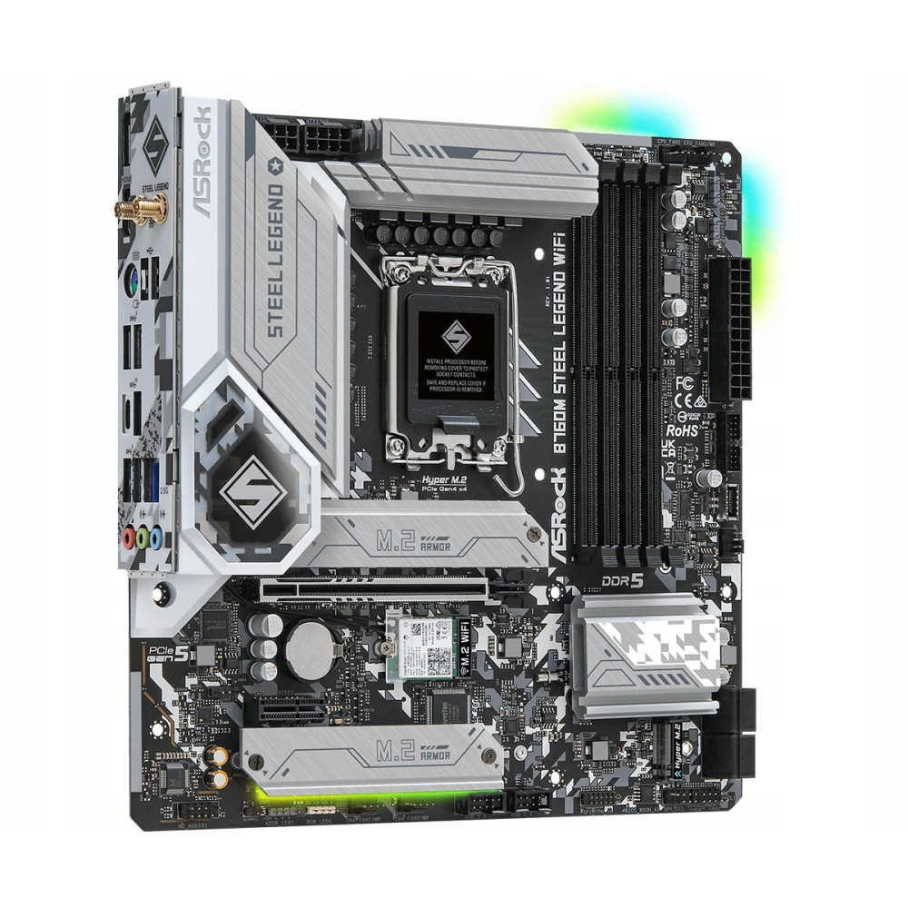 Plyta glowna ASRock B760M Steel Legend WiFi ze szarymi radiatorami na czarnym PCB.