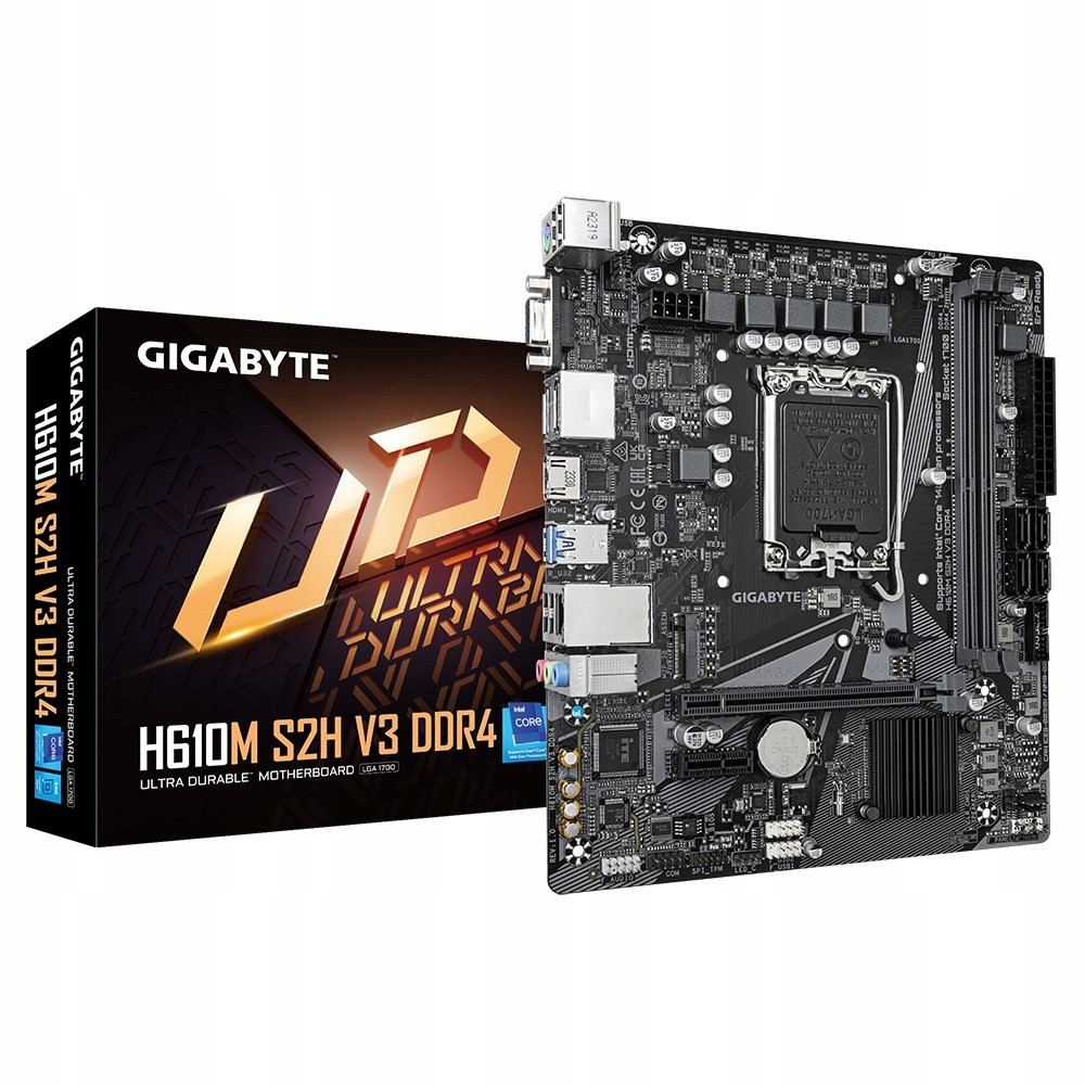 Plyta glowna Gigabyte H610M S2H V3 DDR4 obok swojego pudelka.