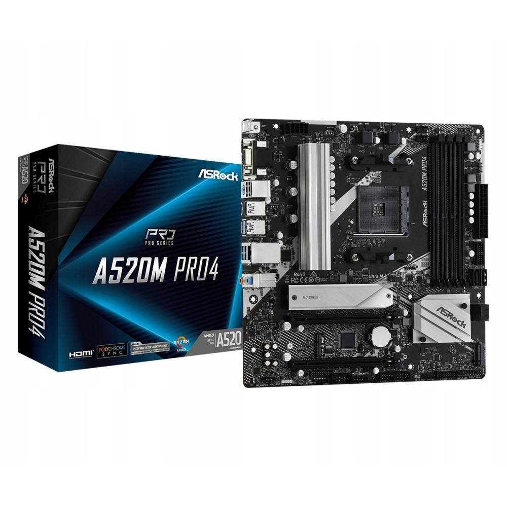 Płyta główna ASRock A520M Pro4 obok niebiesko-czarnego pudełka na białym tle.