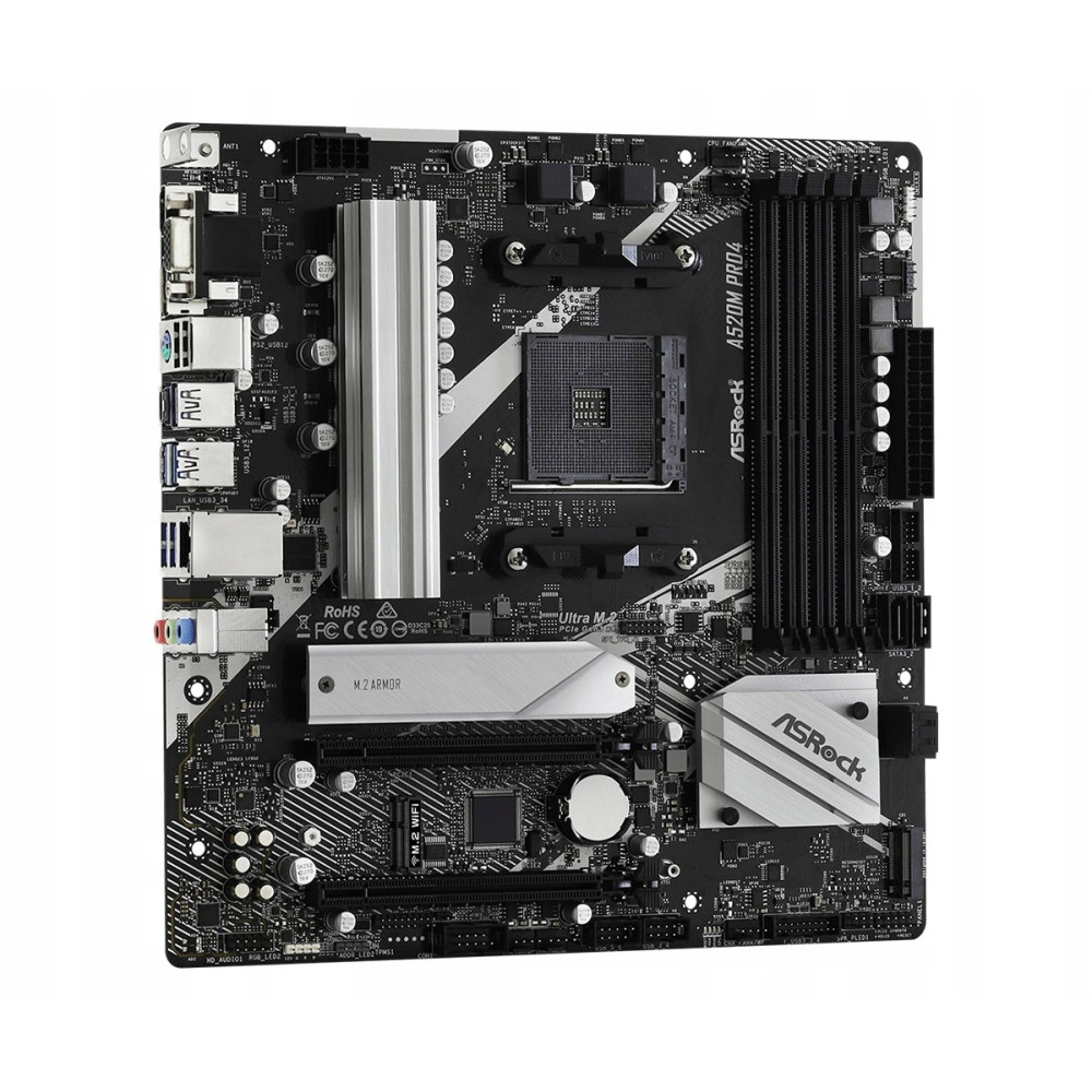 Czarna płyta główna ASRock A520M Pro4 ze srebrnymi radiatorami i różnymi portami.