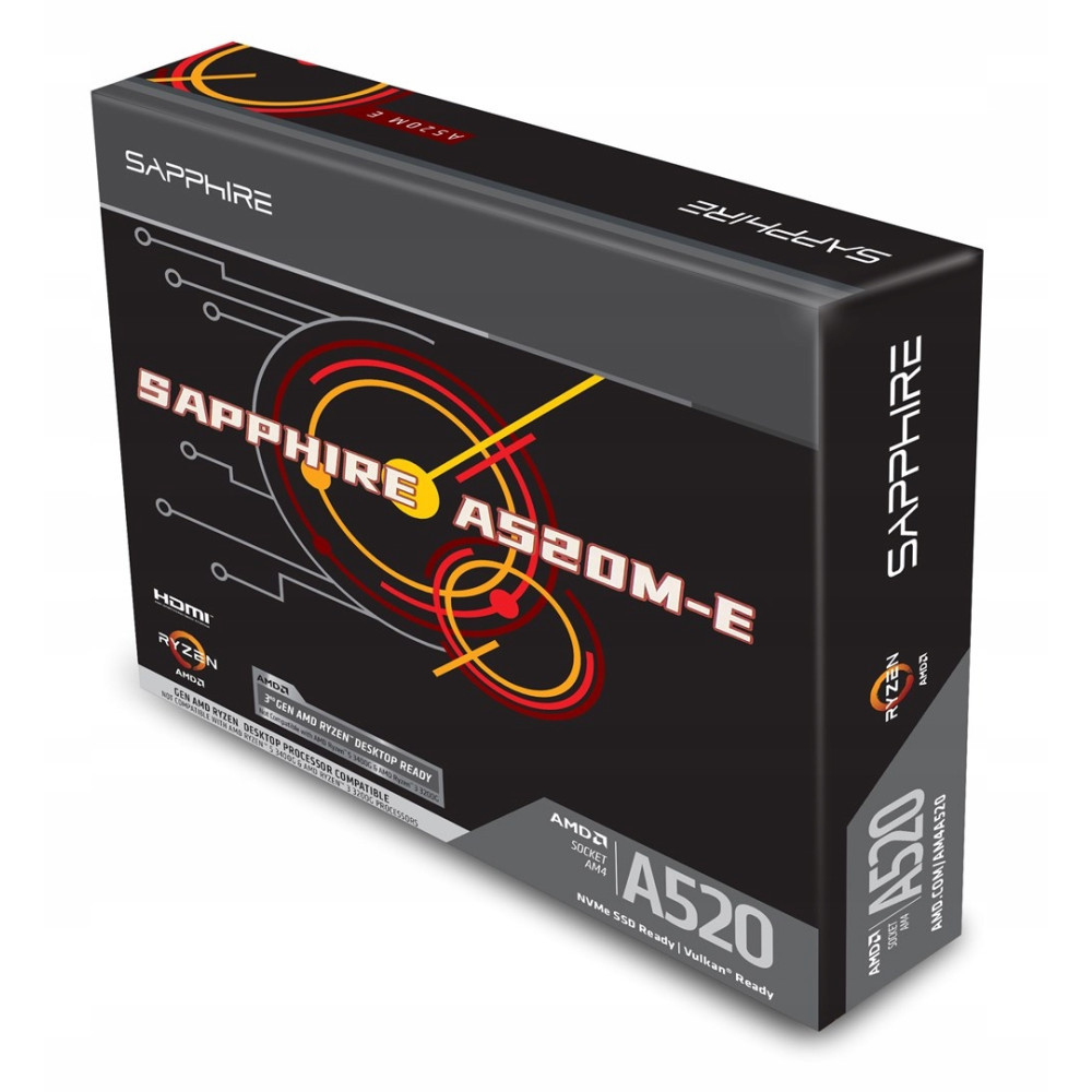 Czarne pudełko płyty głównej Sapphire A520M-E z czerwonymi i żółtymi akcentami graficznymi oraz logo AMD Ryzen.