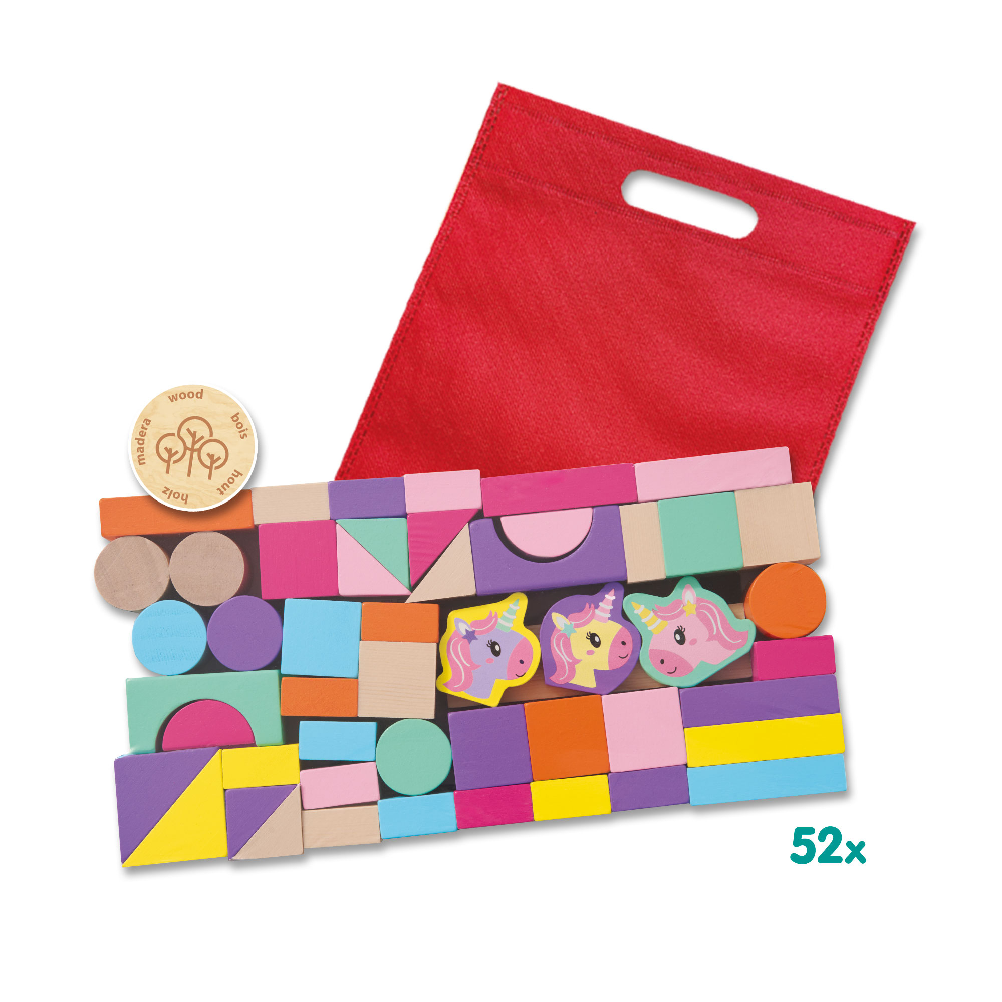 Bunte Holzbauklötze mit Einhornfiguren in einer roten Tasche und der Aufschrift 52x.