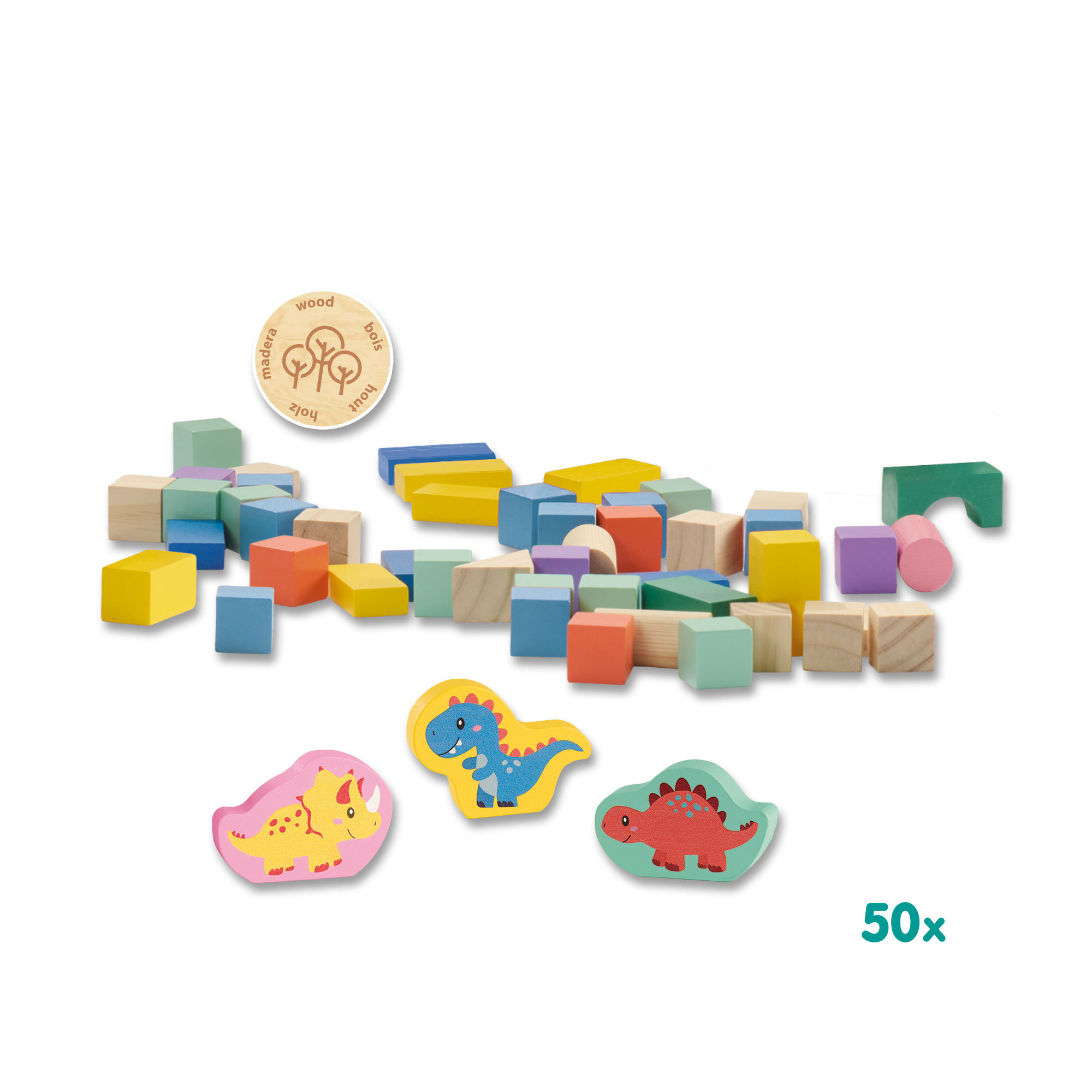 Bunte helzene Baukletze und drei Dinosaurier-Figuren aufgestellt.