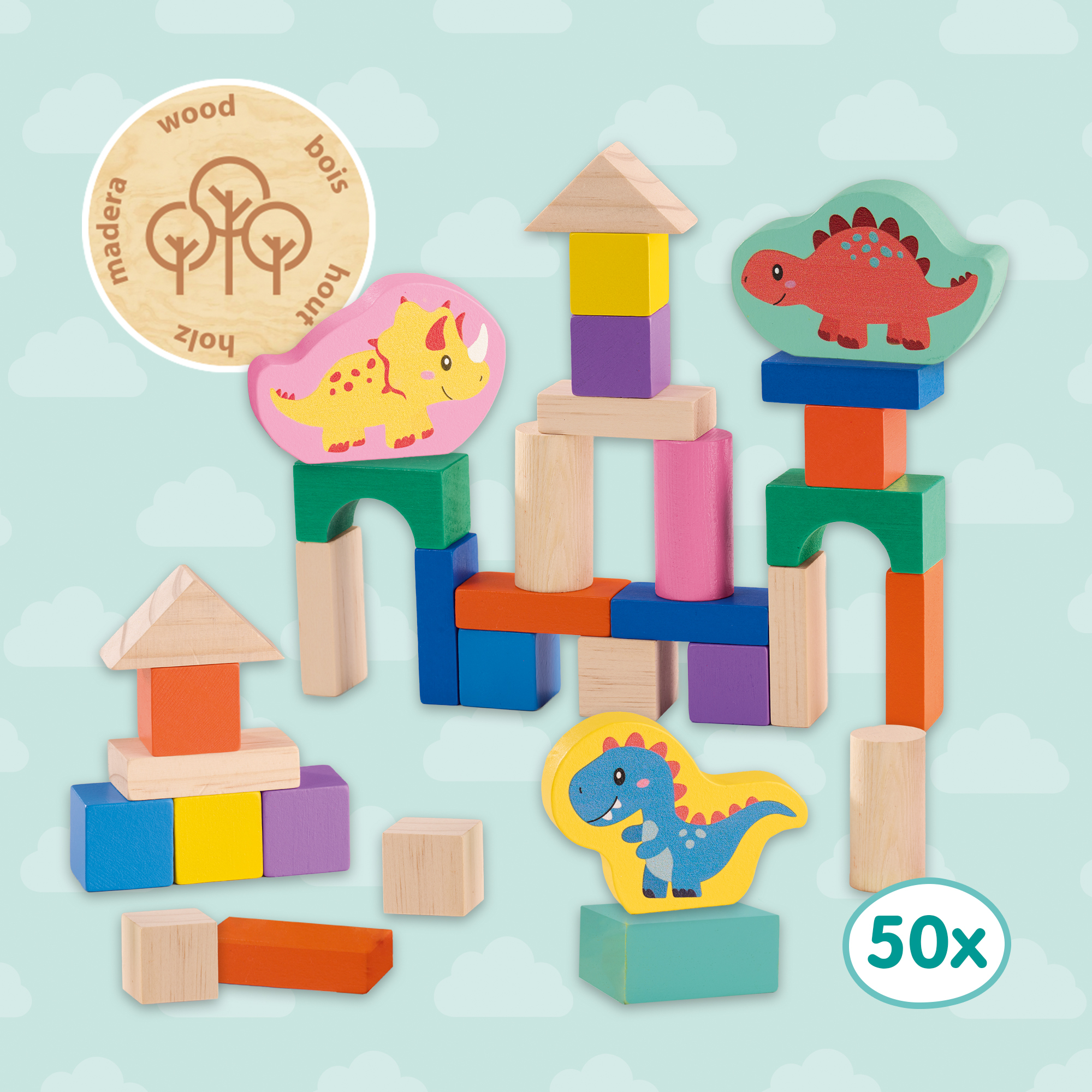 Bunte Holzwürfel mit Dinosaurier-Motiven und Bausteinen vor blauem Wolkenhintergrund.