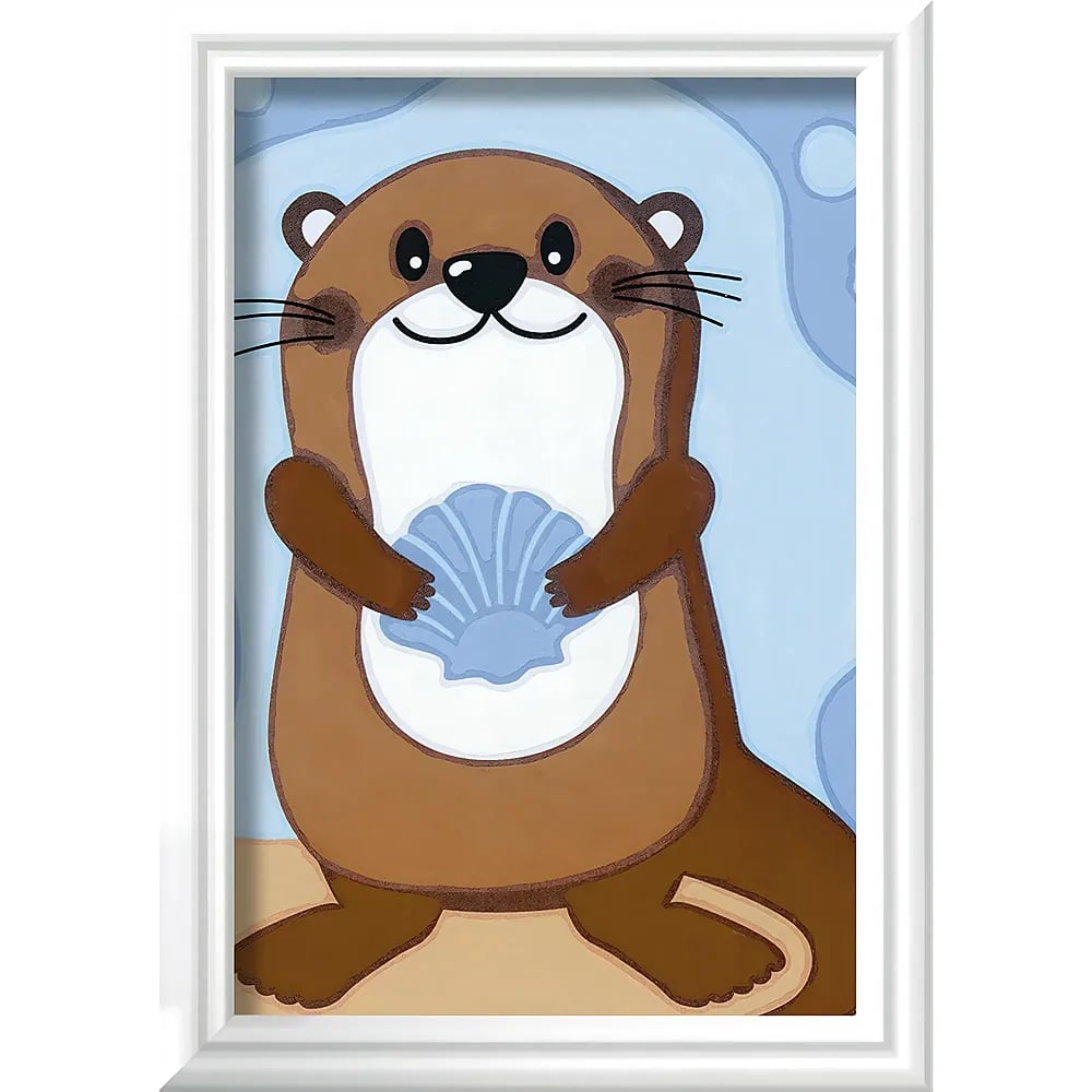 Ein gerahmtes Cartoon-Bild eines niedlichen Seeotters mit einer blauen Muschel auf hellem Hintergrund.