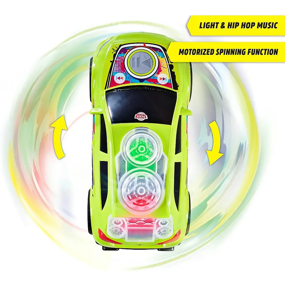 Ein grünes Spielzeugauto mit Lichtern und Musik dreht sich auf einer farbigen Spirale.