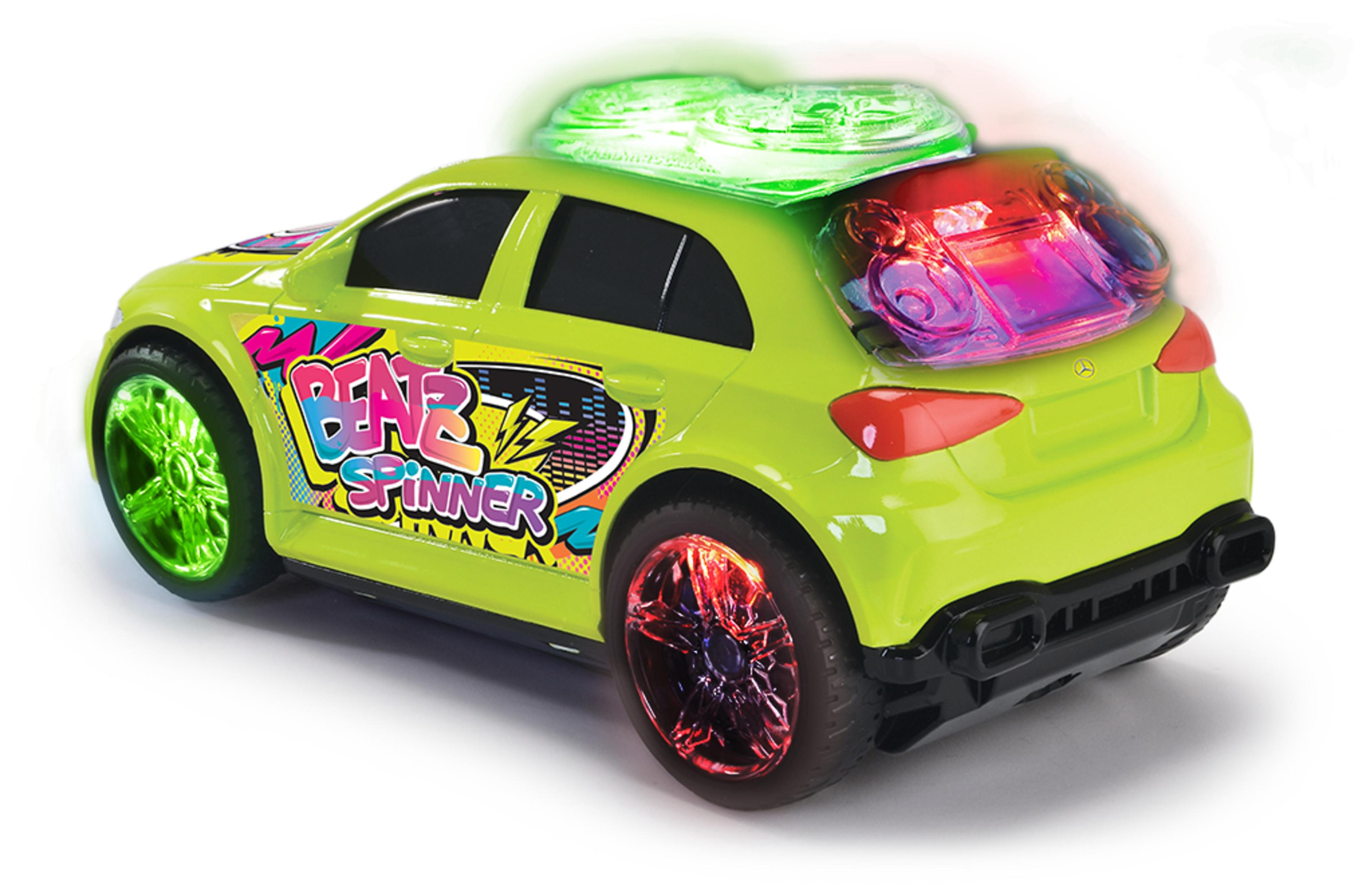 Ein limettengrünes Spielzeugauto mit bunten Grafiken und leuchtend roten und grünen Lichtern an Rädern und Dach.
