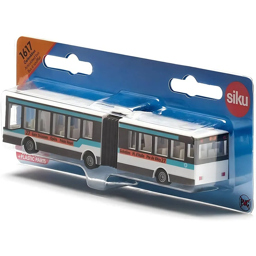 Un bus articulé Siku blanc et noir dans son emballage d'origine sur fond blanc.