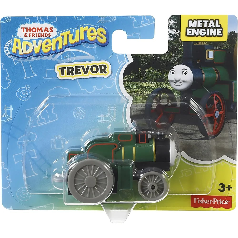 Jouet de moteur en métal Trevor Thomas et ses amis dans son emballage bleu et jaune avec illustration.