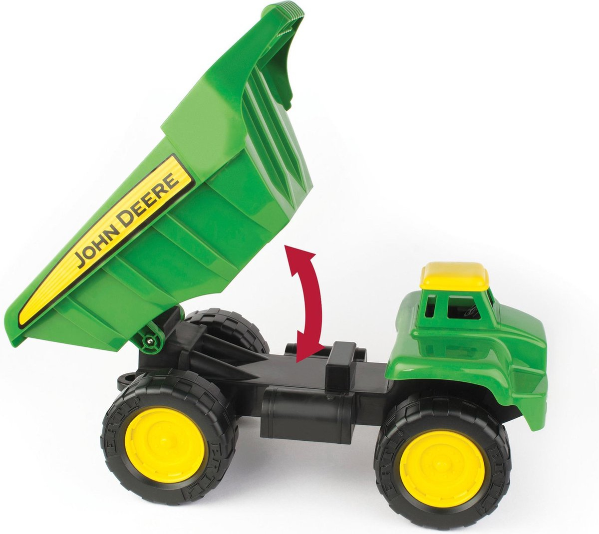 Ein grüner John Deere Spielzeug-Kipper mit angehobener Ladefläche vor weißem Hintergrund.