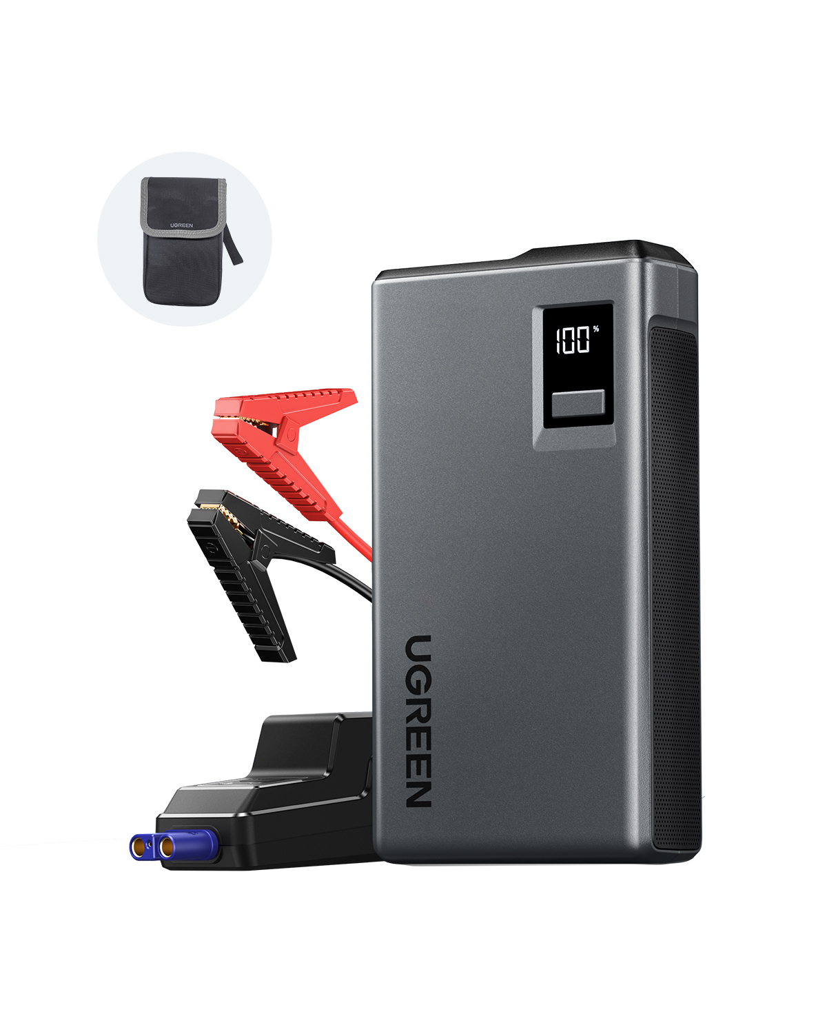 Szary powerbank Ugreen z kablami rozruchowymi, torbą do przechowywania i cyfrowym wyświetlaczem na białym tle.