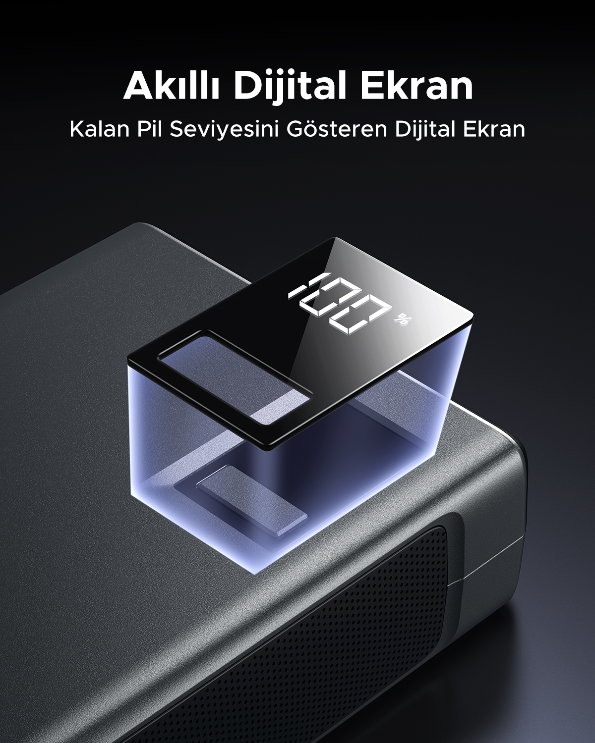 Powerbank z cyfrowym ekranem pokazującym 100% poziomu baterii na ciemnym tle.