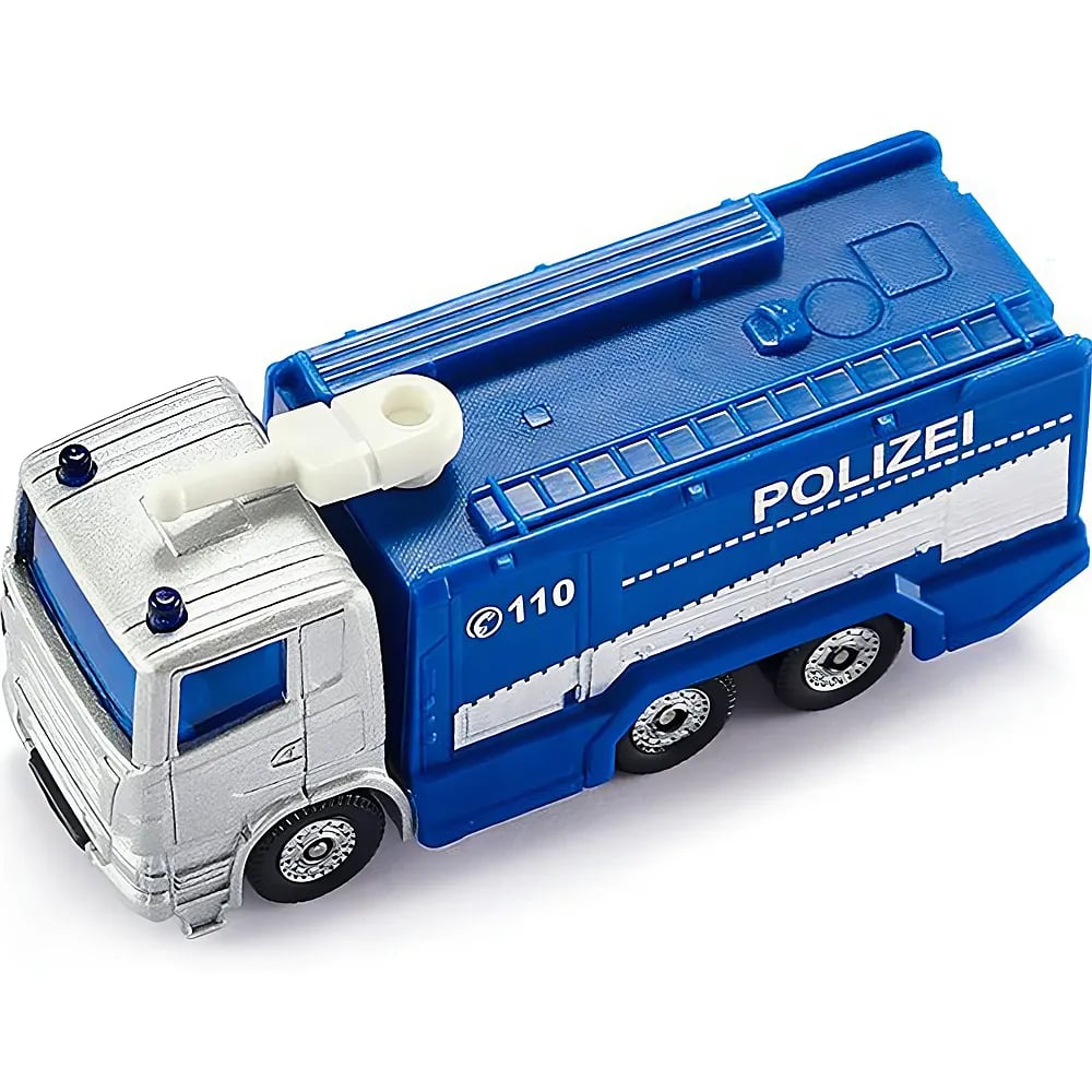Un camion giocattolo della polizia blu e argento con sei ruote, tubo bianco e la scritta 'POLIZEI 110' sul lato.