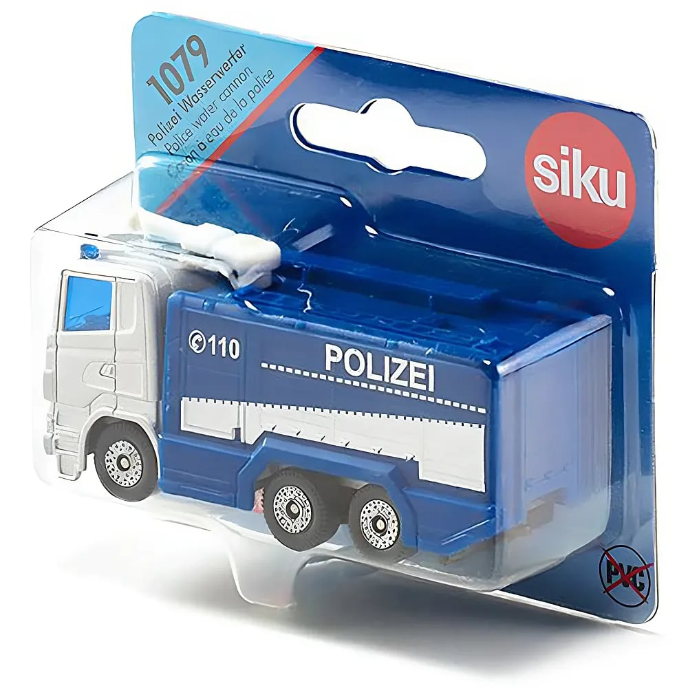 Auto giocattolo idrante della polizia Siku in una confezione blister blu chiusa con scritte bianche.