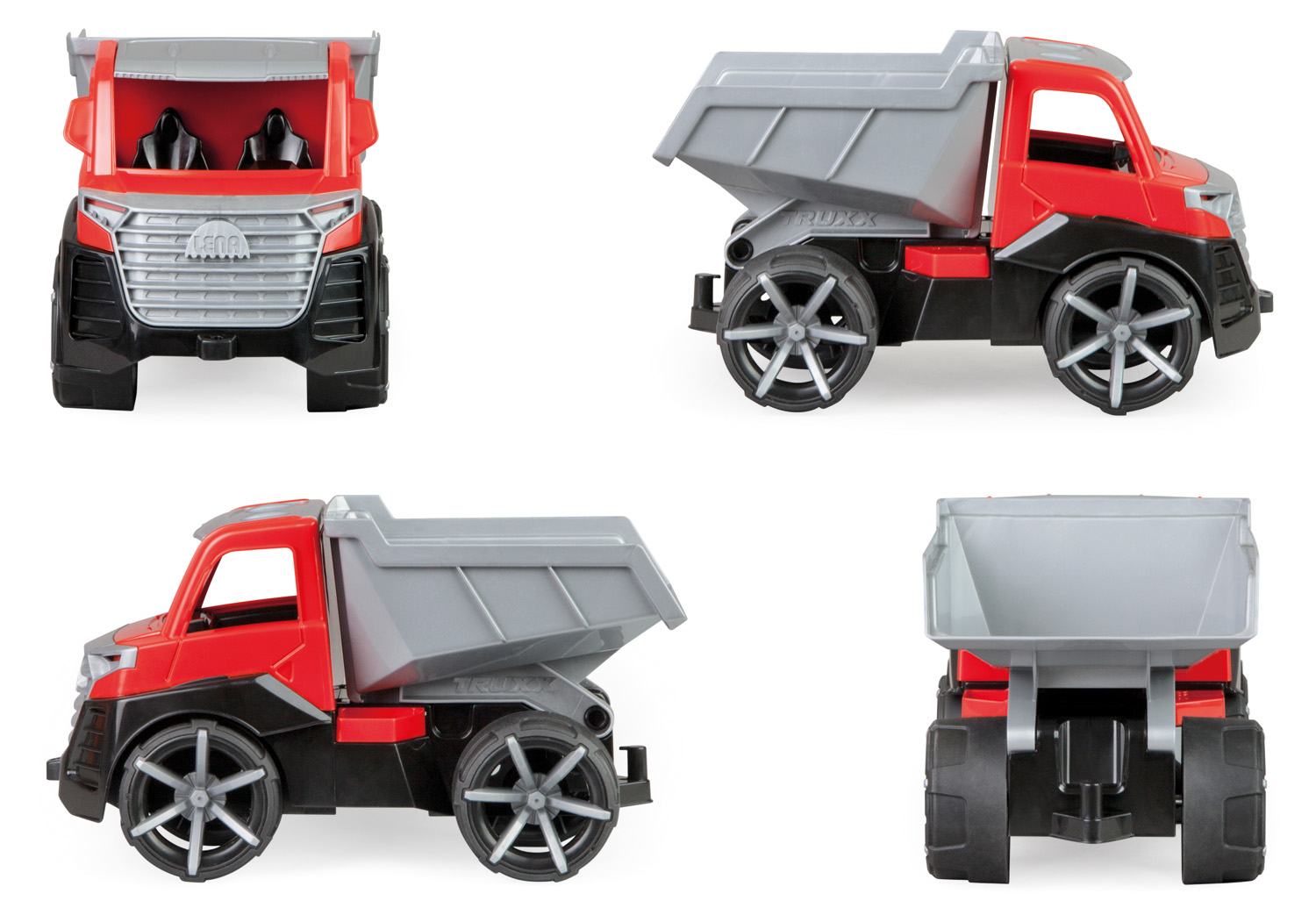 Quattro viste di un camion giocattolo rosso, grigio e nero su sfondo bianco.
