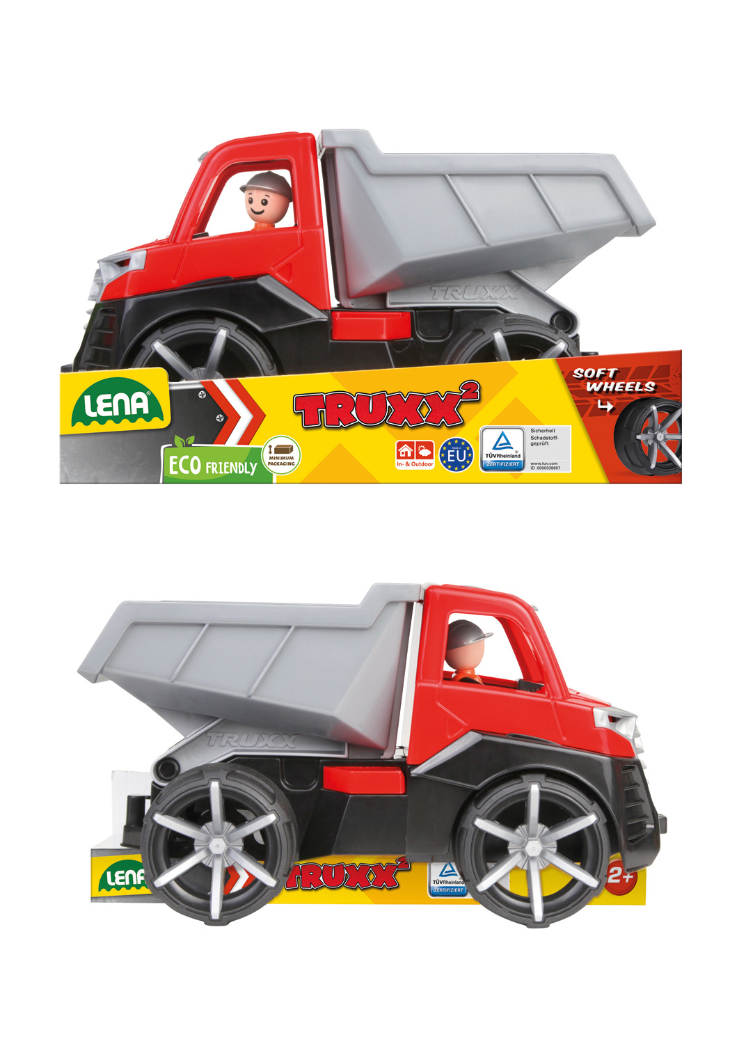 Un camion ribaltabile giocattolo Lena Truxx rosso e grigio in una confezione colorata con una piccola figura di conducente.