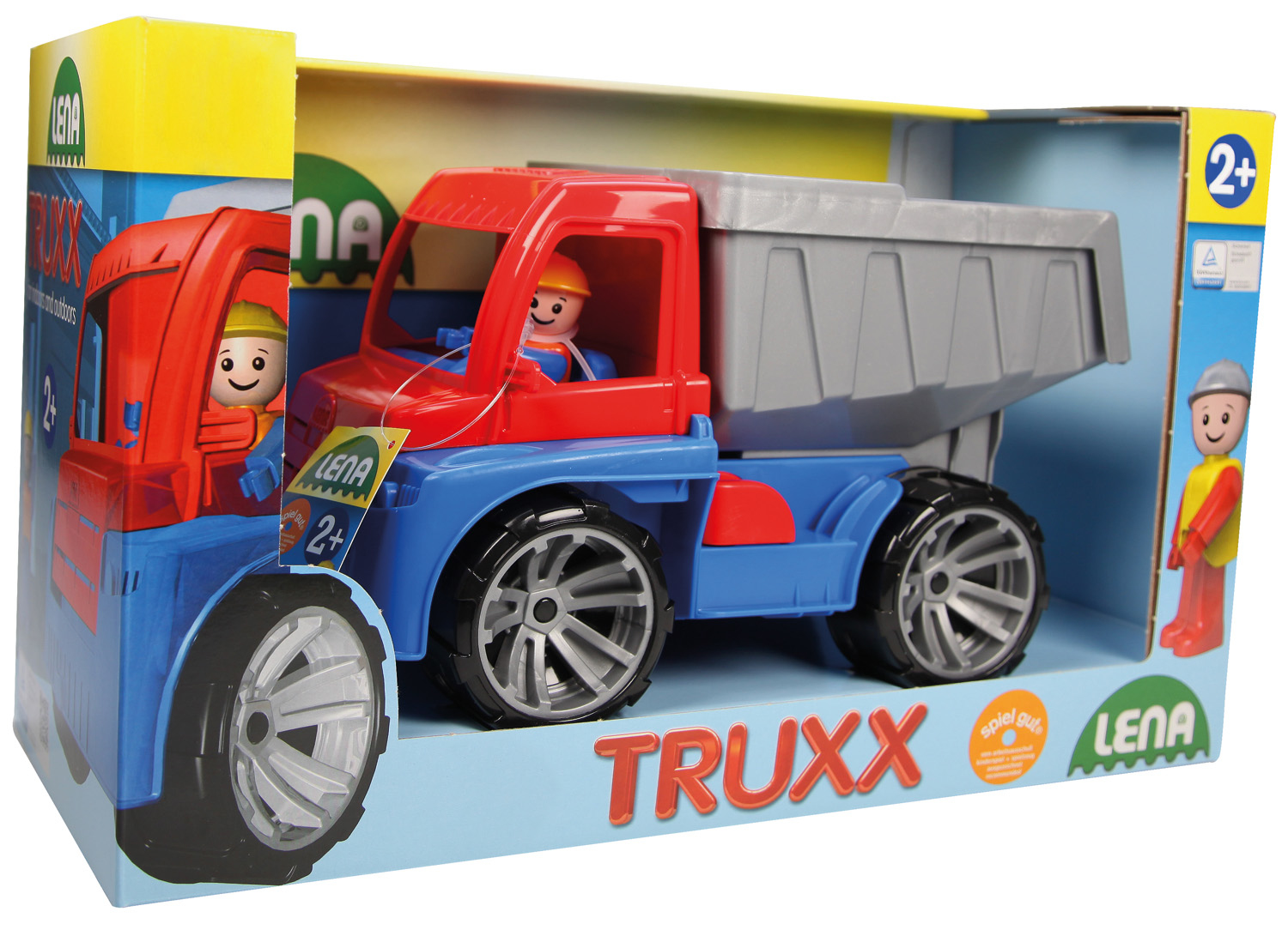 Un camion-benne jouet rouge, bleu et gris avec un personnage souriant, dans sa boîte en carton.