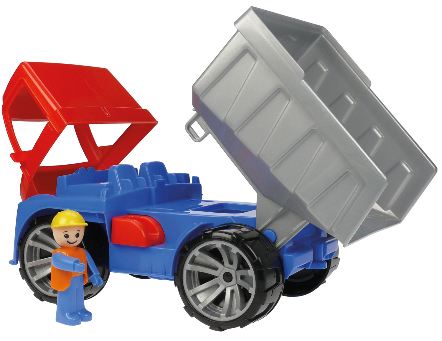Un camion-benne jouet bleu avec une cabine rouge, une benne grise et une figurine d'ouvrier.