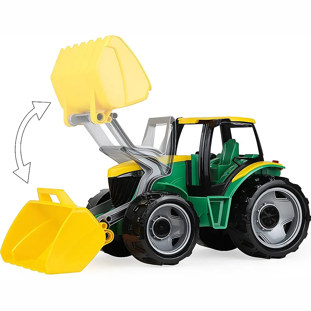 Ein grüner und gelber Spielzeugtraktor mit großer gelber Schaufel in angehobener und abgesenkter Position.