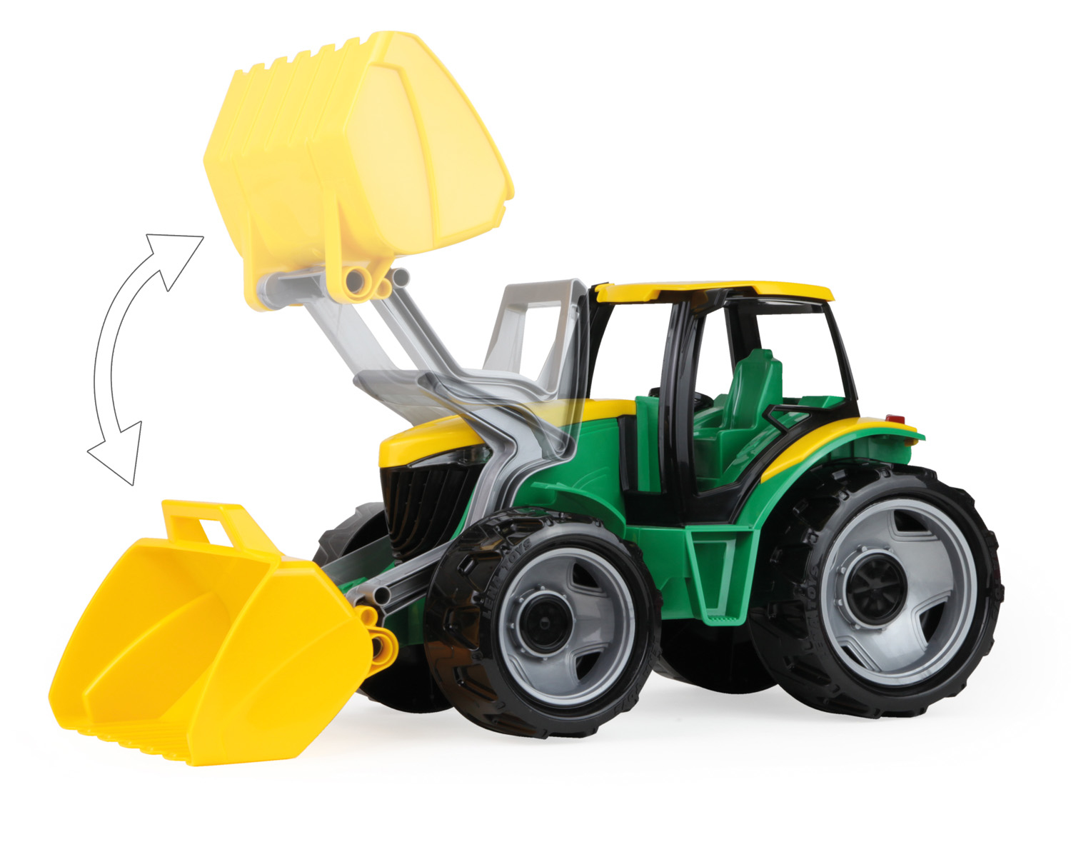 Grüner und gelber Spielzeugtraktor mit beweglicher Frontschaufel und großen schwarzen Rädern auf weißem Hintergrund.