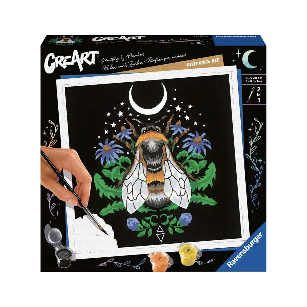 Ravensburger Malen nach Zahlen Set mit einer Biene vor dunklem Nachthintergrund mit Mond und Sternen.
