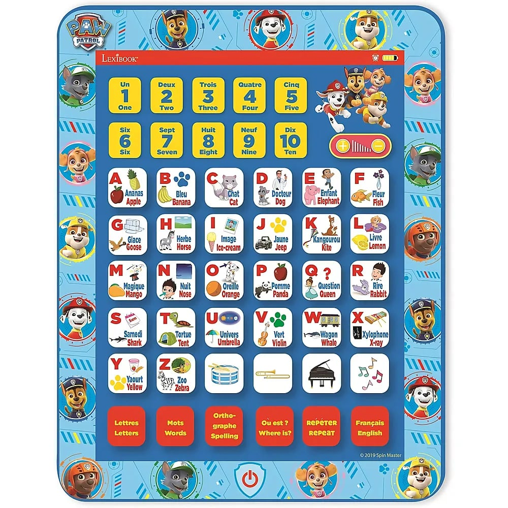 Paw Patrol Lernspielmatte mit Zahlen, Buchstaben und Charakteren.