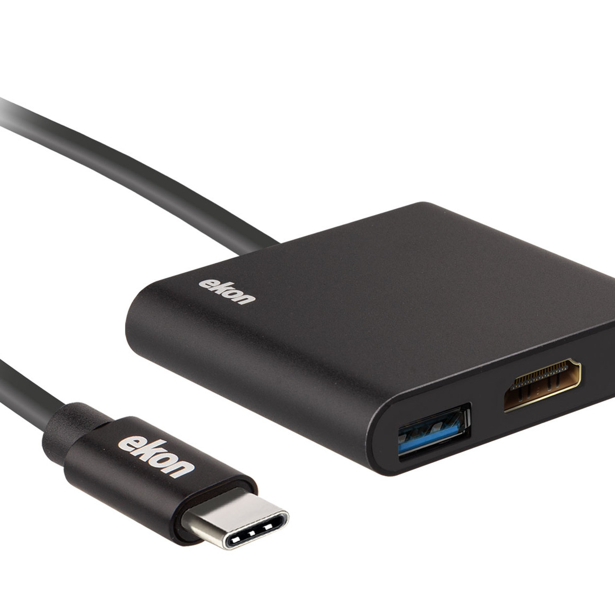 Hub USB-C nero Ekon con porta USB e uscita HDMI.