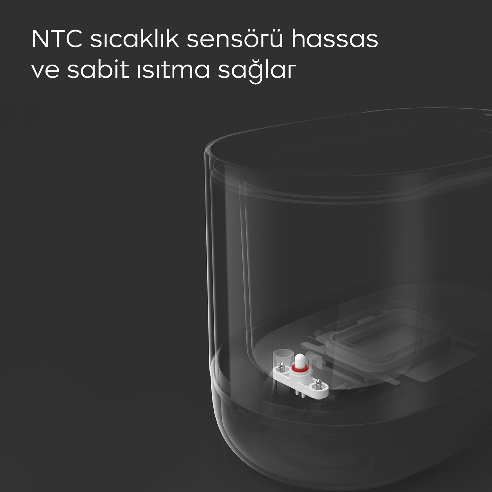 Koyu arkaplanda NTC sıcaklık sensörlü ve beyaz tabanlı şeffaf su deposu.