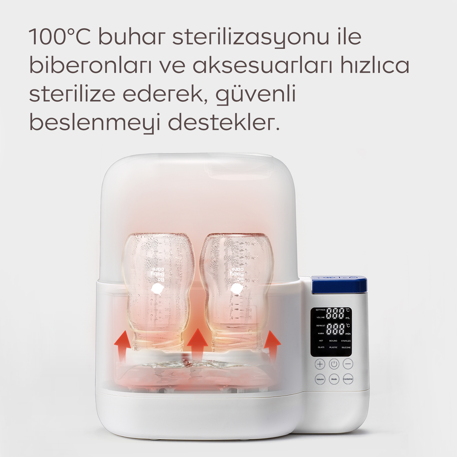 İçinde iki biberon olan, kırmızı ışıklı buharlı sterilizatör ve dijital kontrol paneli.