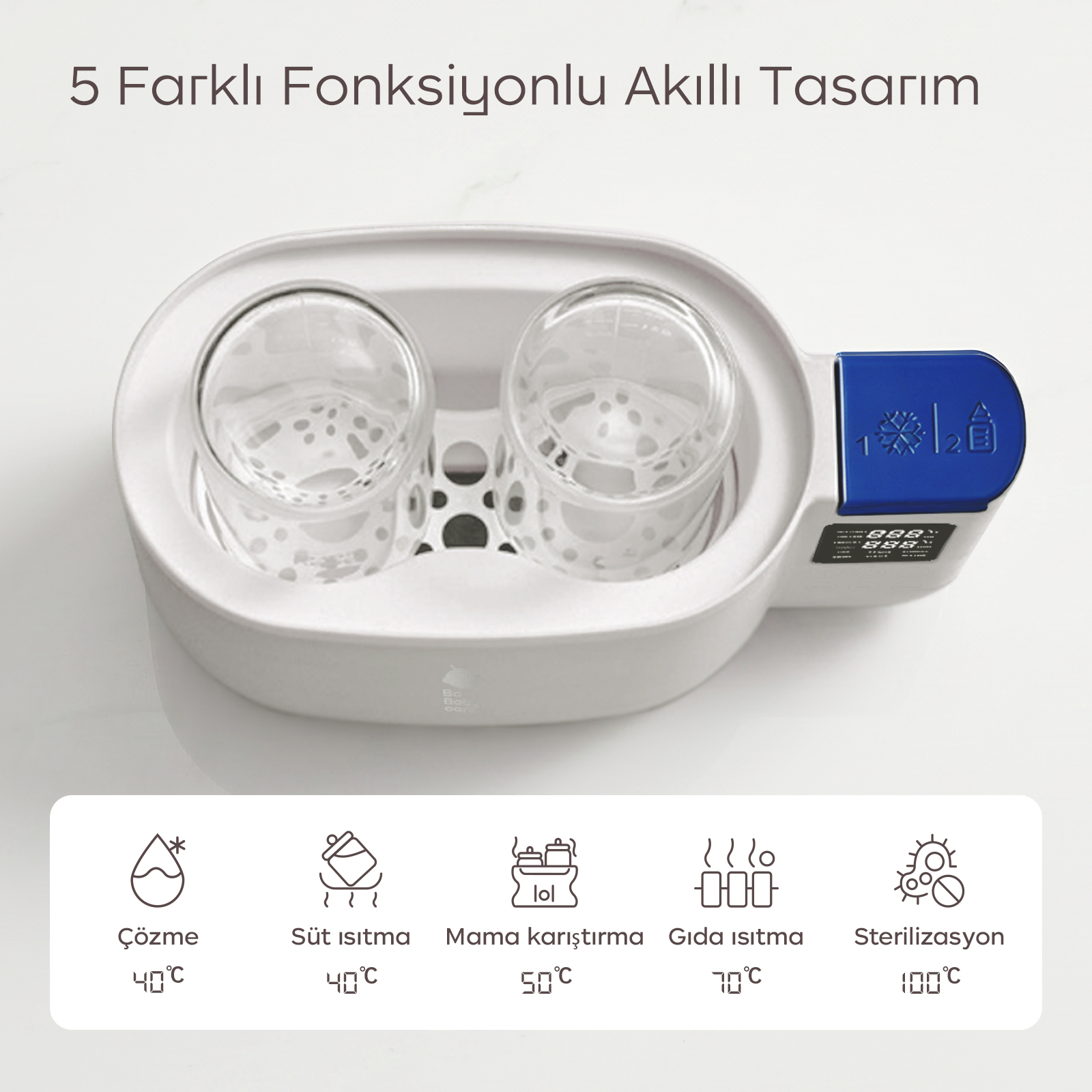 Mavi kontrollü beyaz ikili biberon ısıtıcısı ve altında beş fonksiyon simgesi.