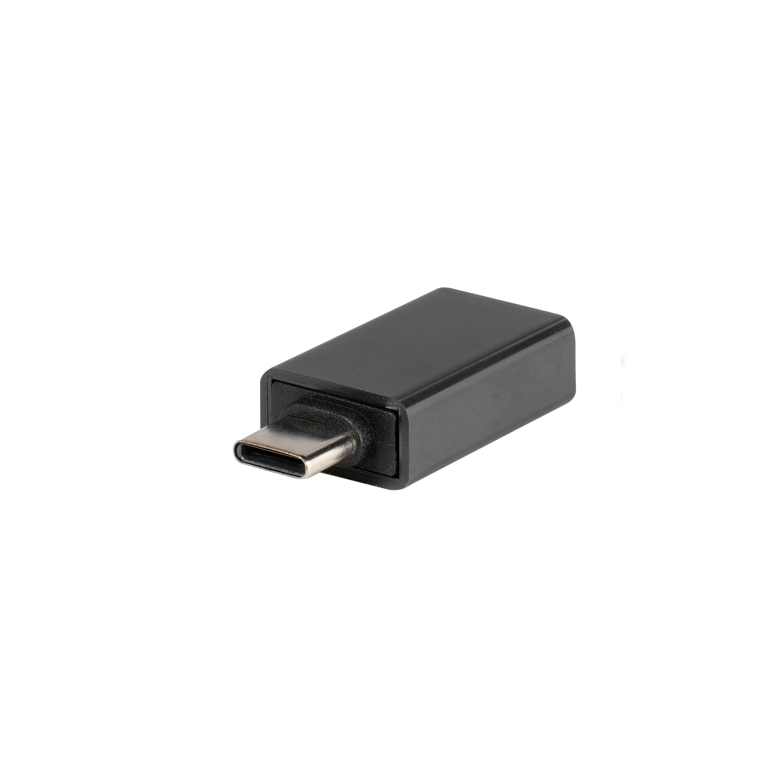 Un piccolo adattatore USB-C nero su sfondo bianco.