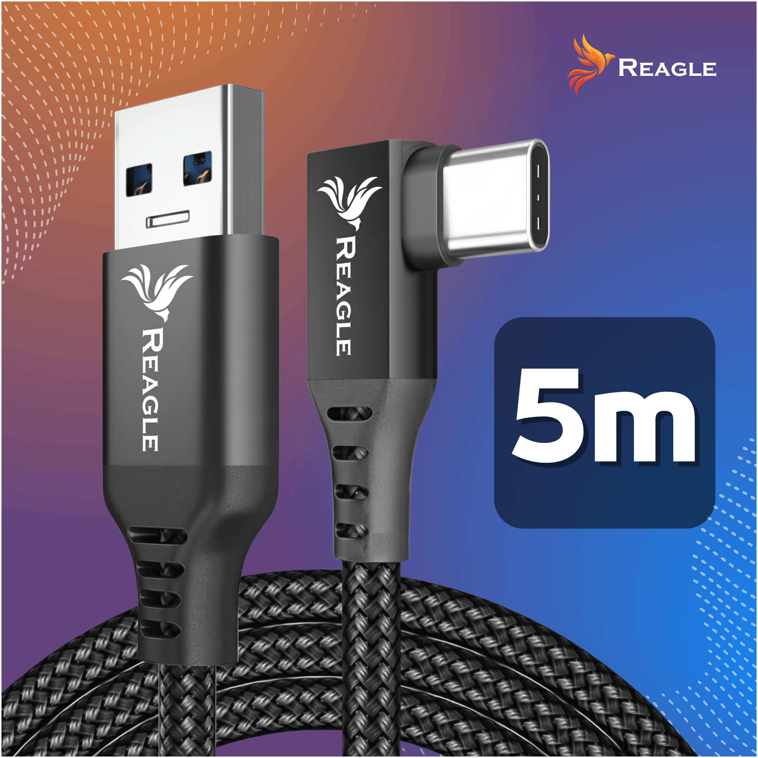 Kabel Reagle 5m USB-A do USB-C z czarnym oplotem nylonowym na niebiesko-pomarańczowym tle.