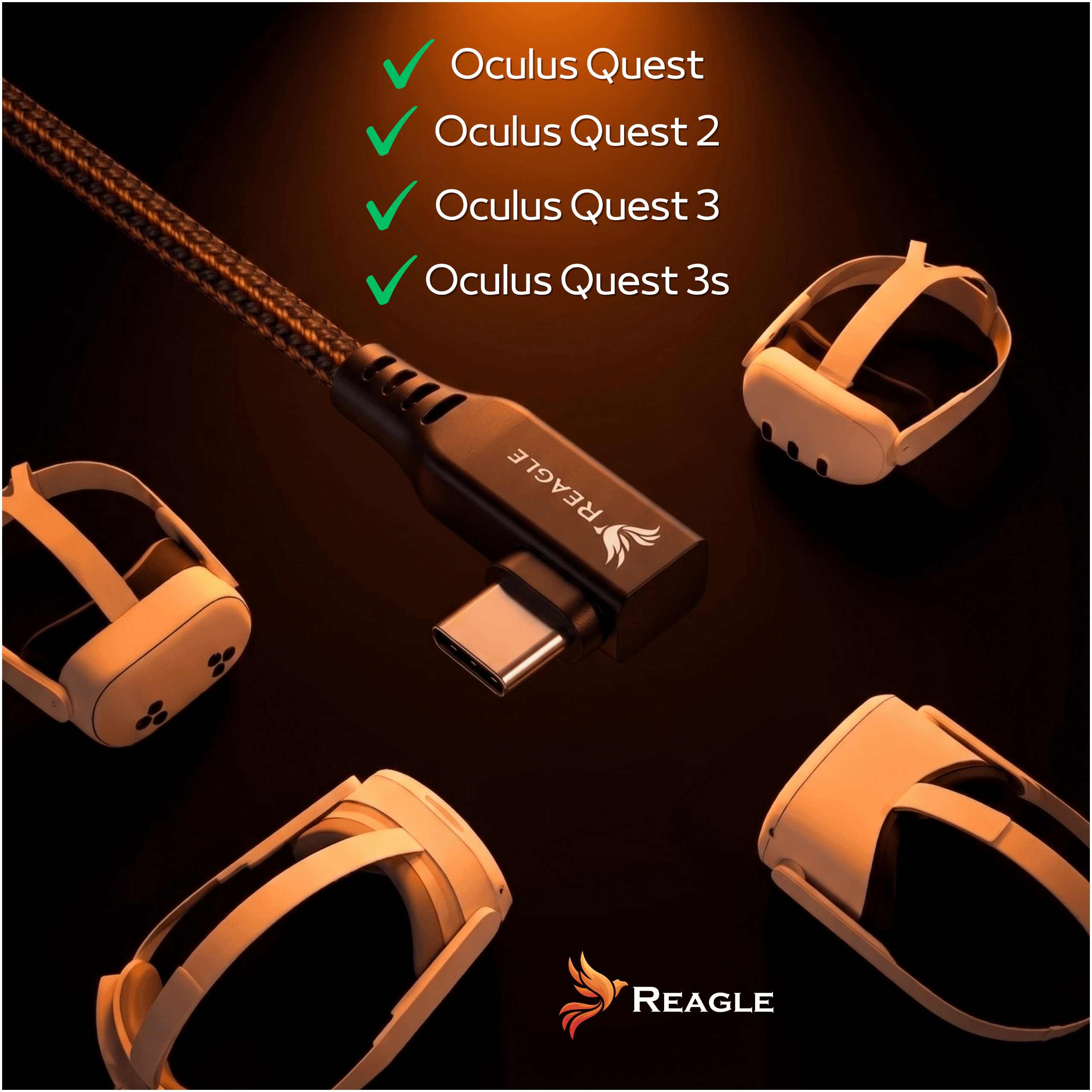 Kabel USB-C Reagle i cztery gogle VR na czarnym tle z pomarańczowym oświetleniem i listą kompatybilności.