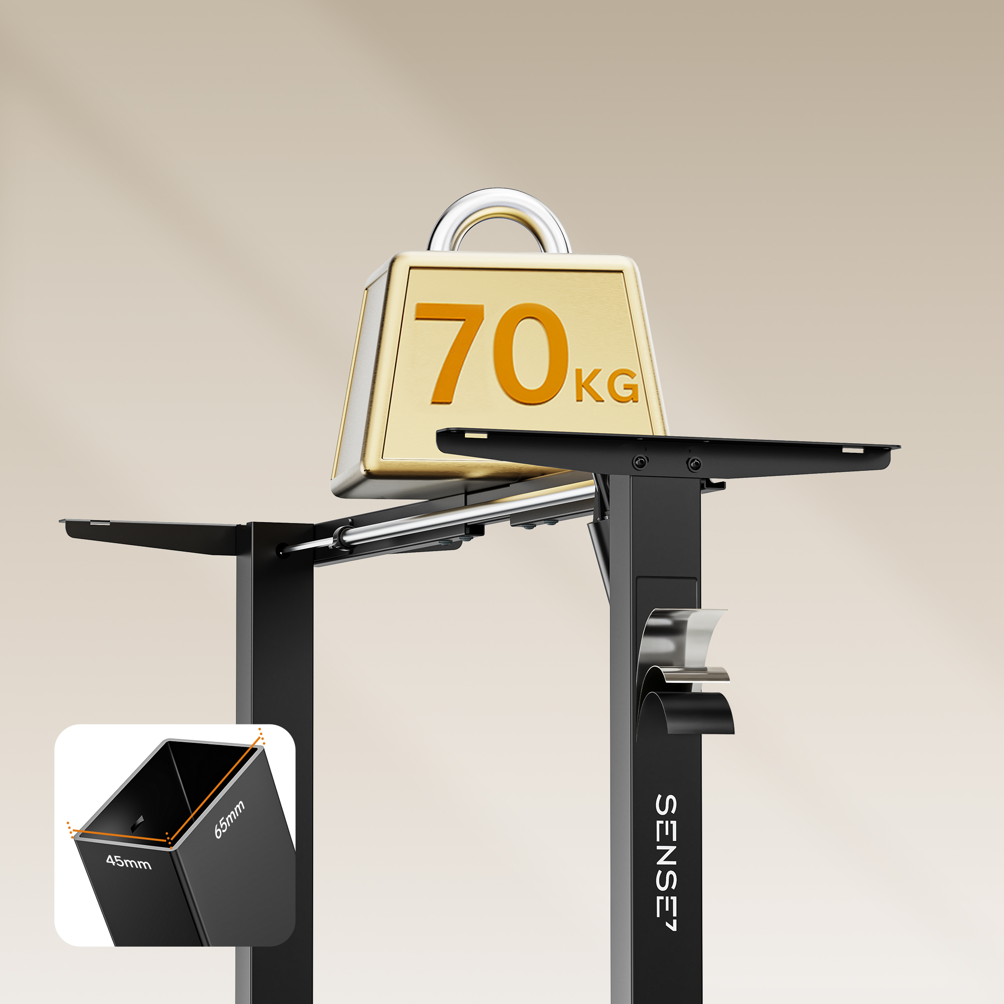A heavy 70 kg gold weight rests on top of a black standing desk frame with a dimension inset.