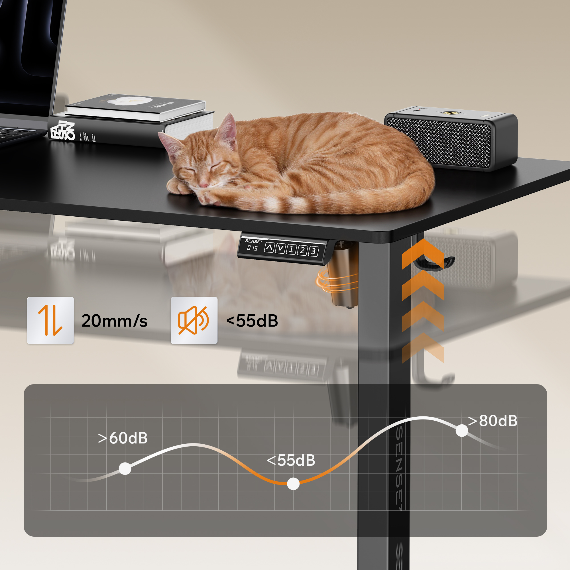 An orange cat sleeps on a black electric standing desk, featuring height and noise level graphics.