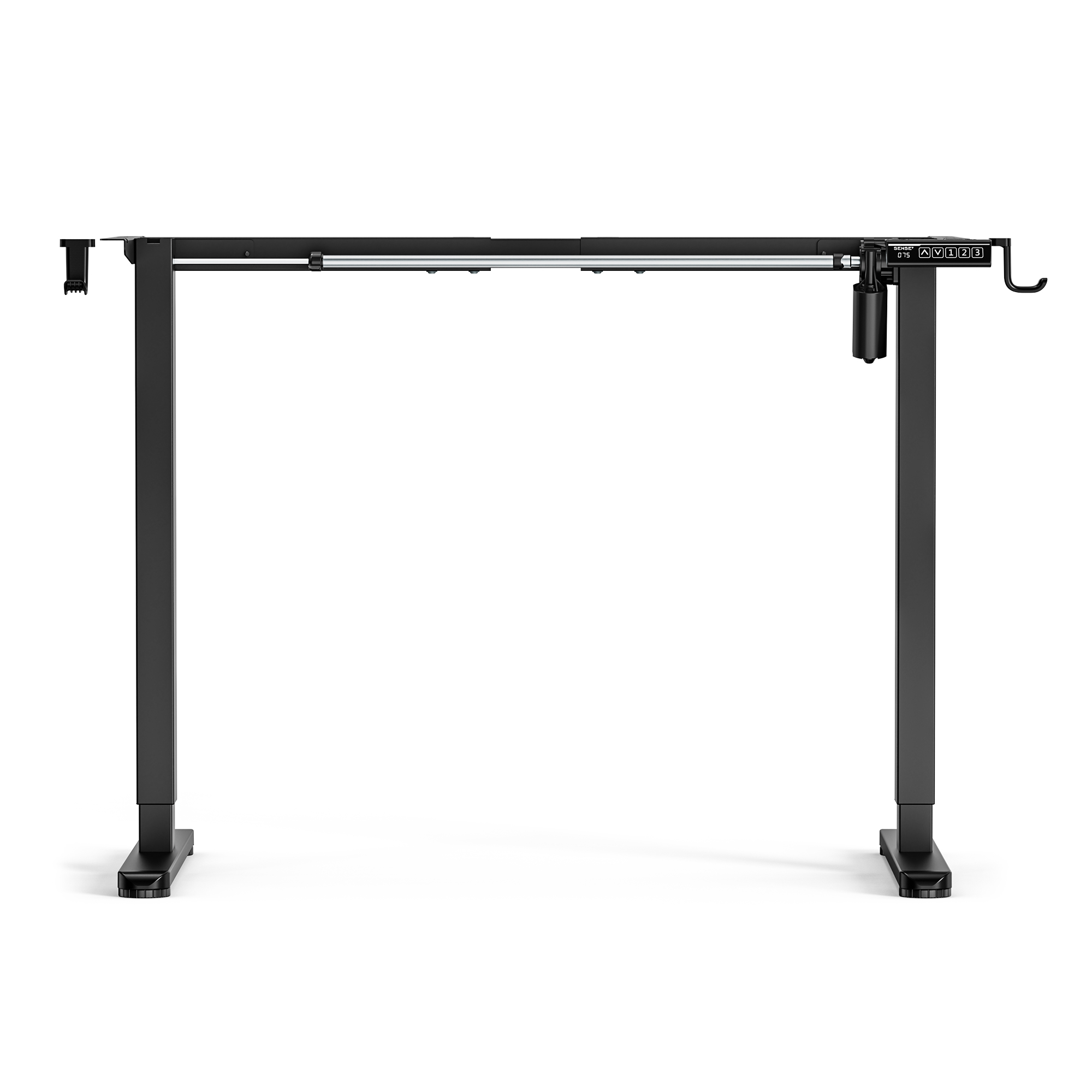 Black adjustable standing desk frame on a white background.