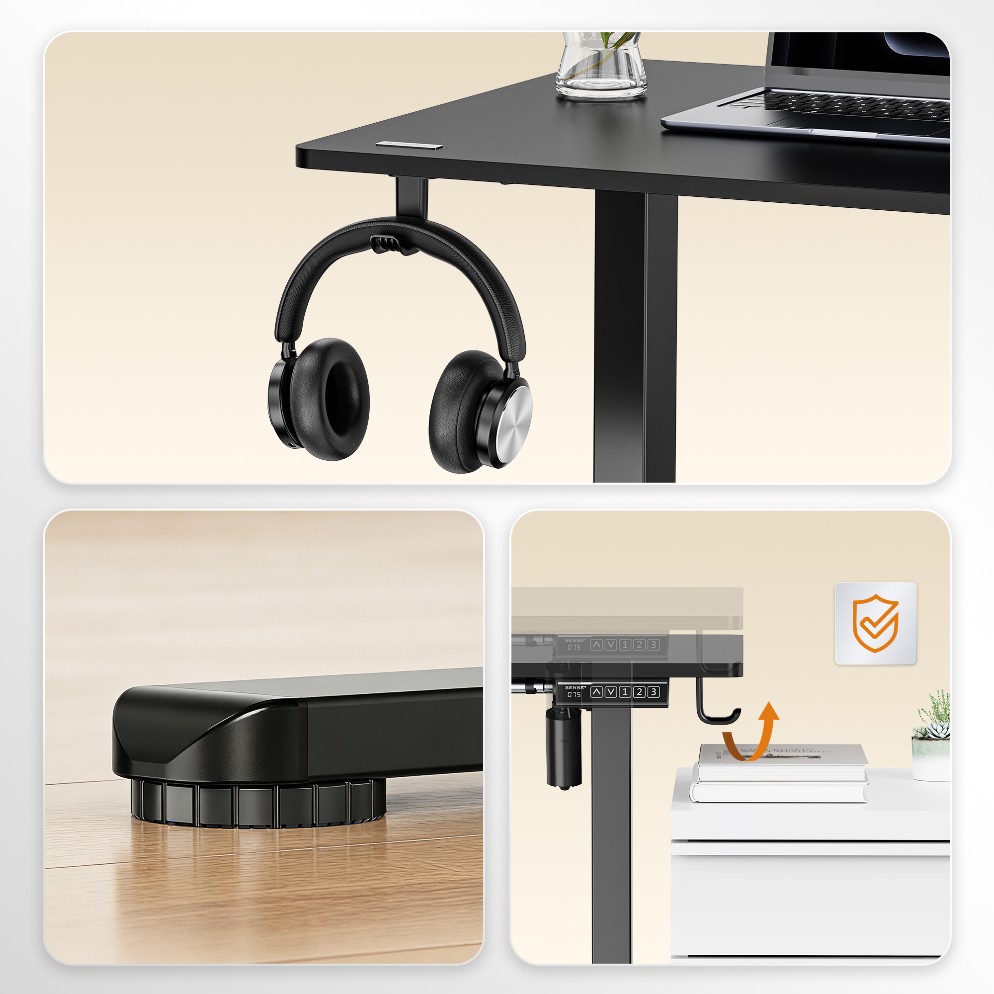 Black desk with a headphone hook, adjustable foot, and anti-collision sensor above a stack of books.