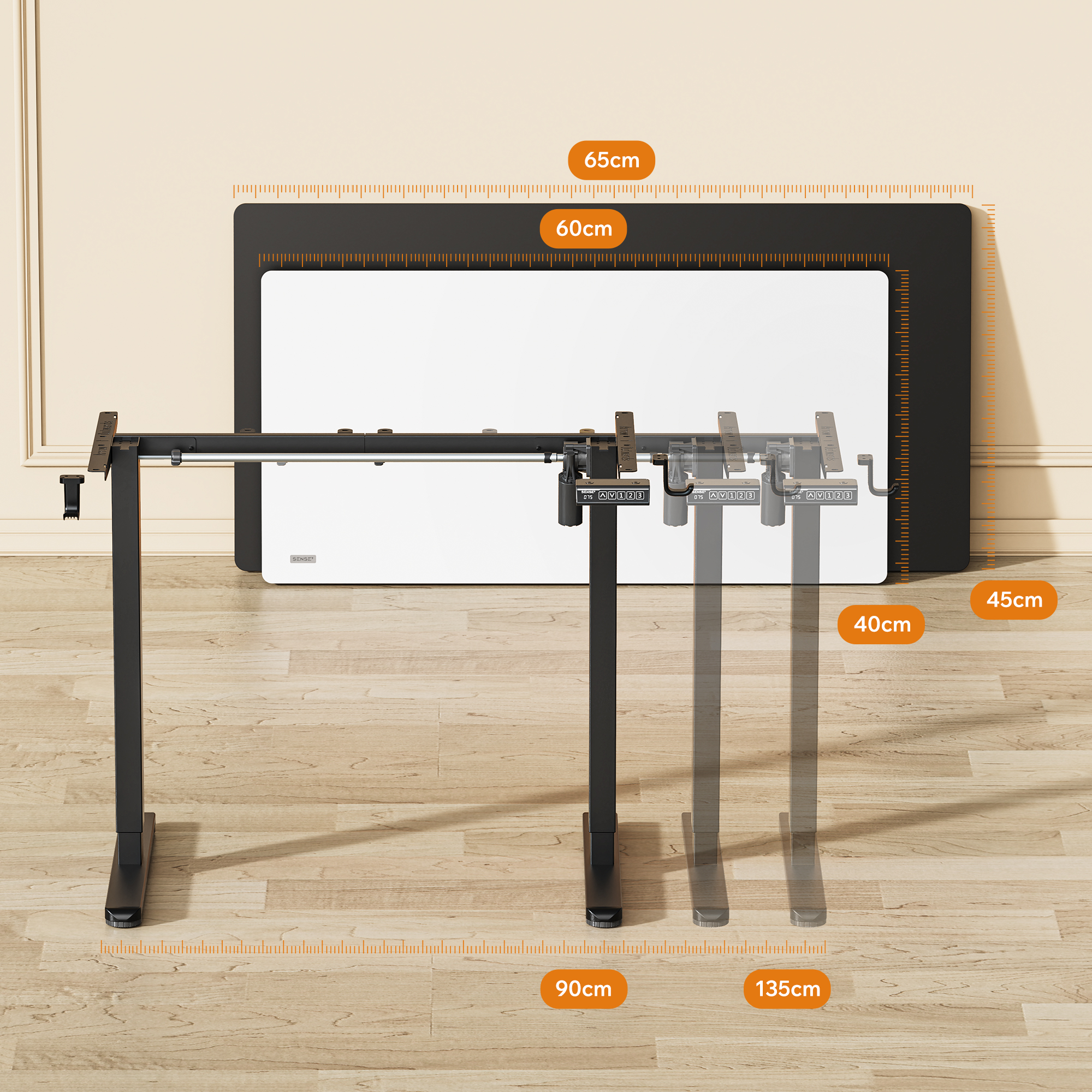 Adjustable standing desk frame with dimension markers in front of black and white tabletops.