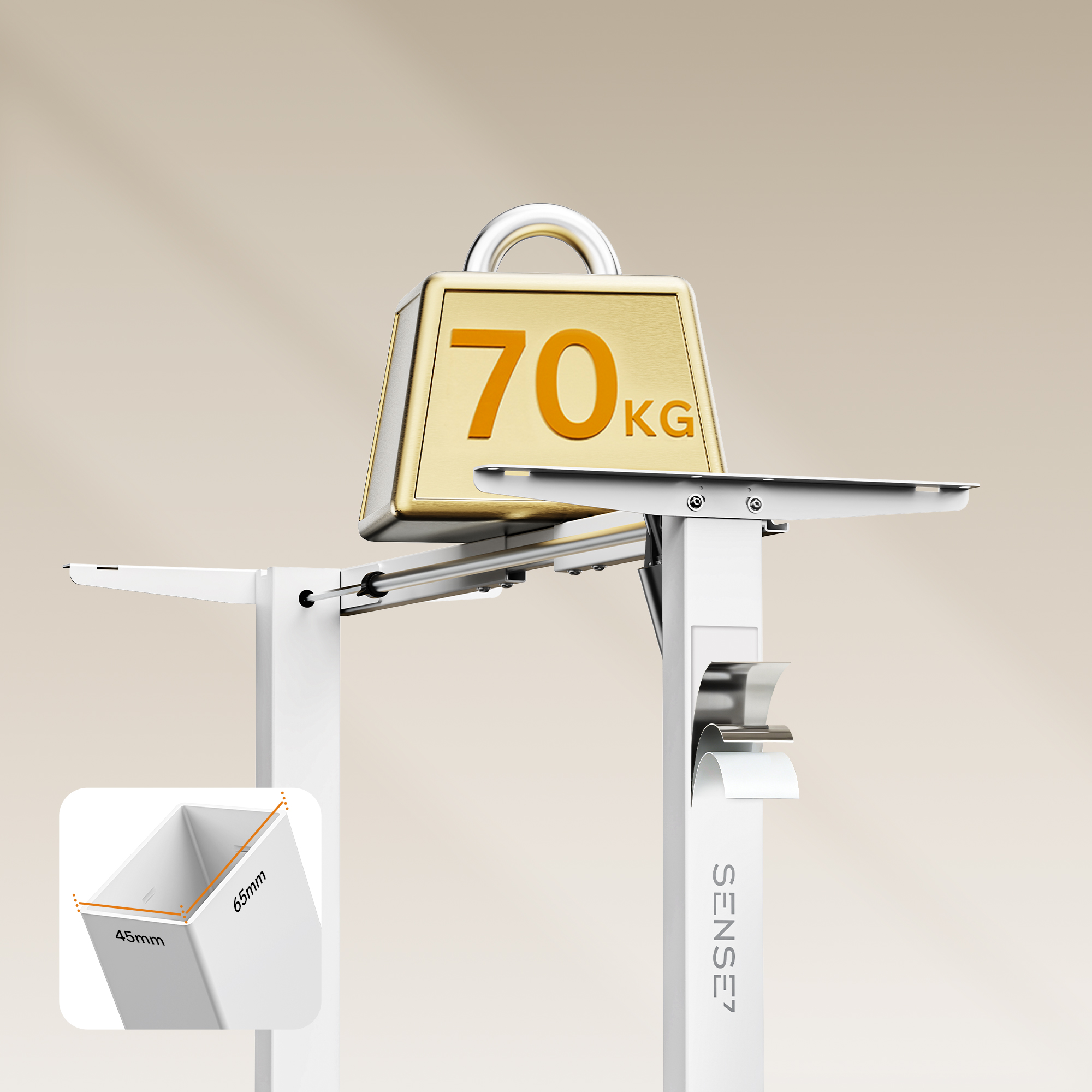 A white standing desk frame supports a gold 70 kg weight, with an inset showing leg dimensions.