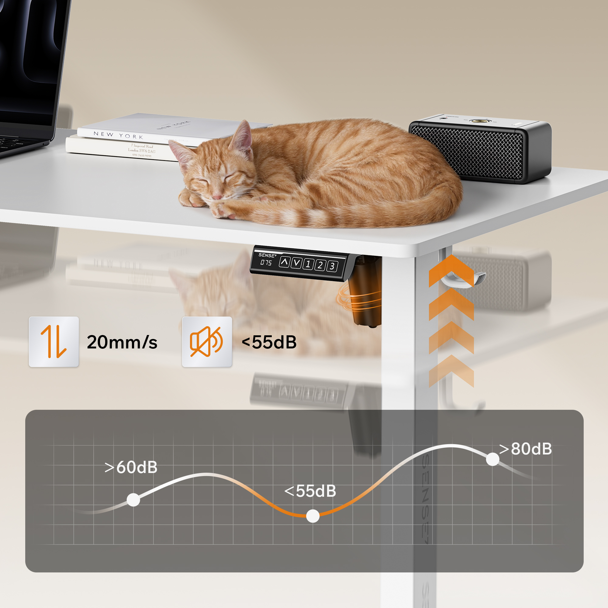 An orange cat sleeps on a white desk with books and a speaker, showing sound level icons and an upward motion graphic.