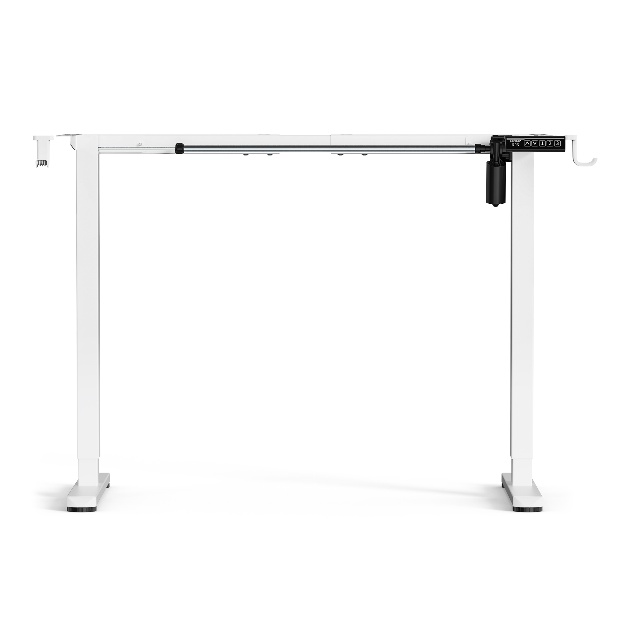 A white, adjustable standing desk frame with a digital control panel and motor.