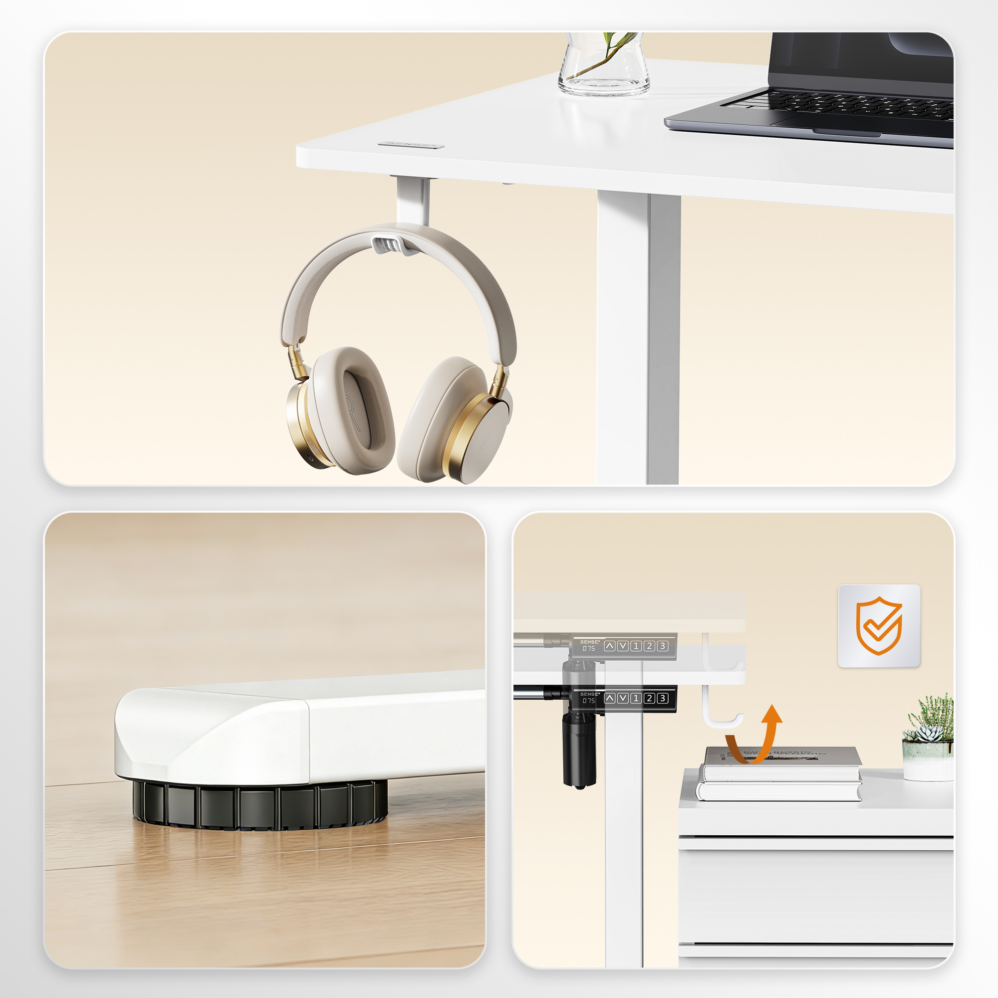 Close-up of a white standing desk with headphones hanging, a foot pad, and anti-collision height control panels.