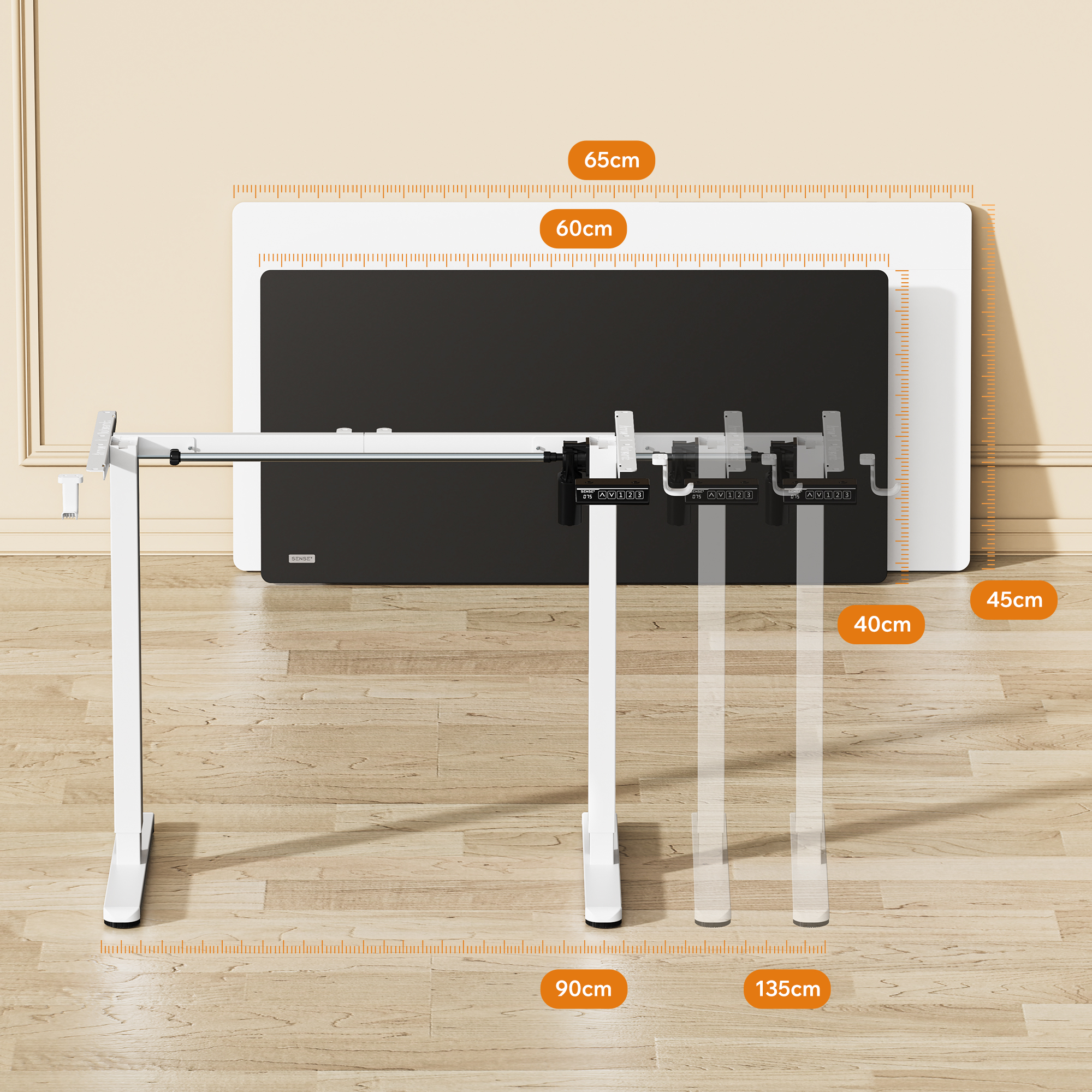 Adjustable white desk frame with black and white tabletops and dimension labels in centimeters.