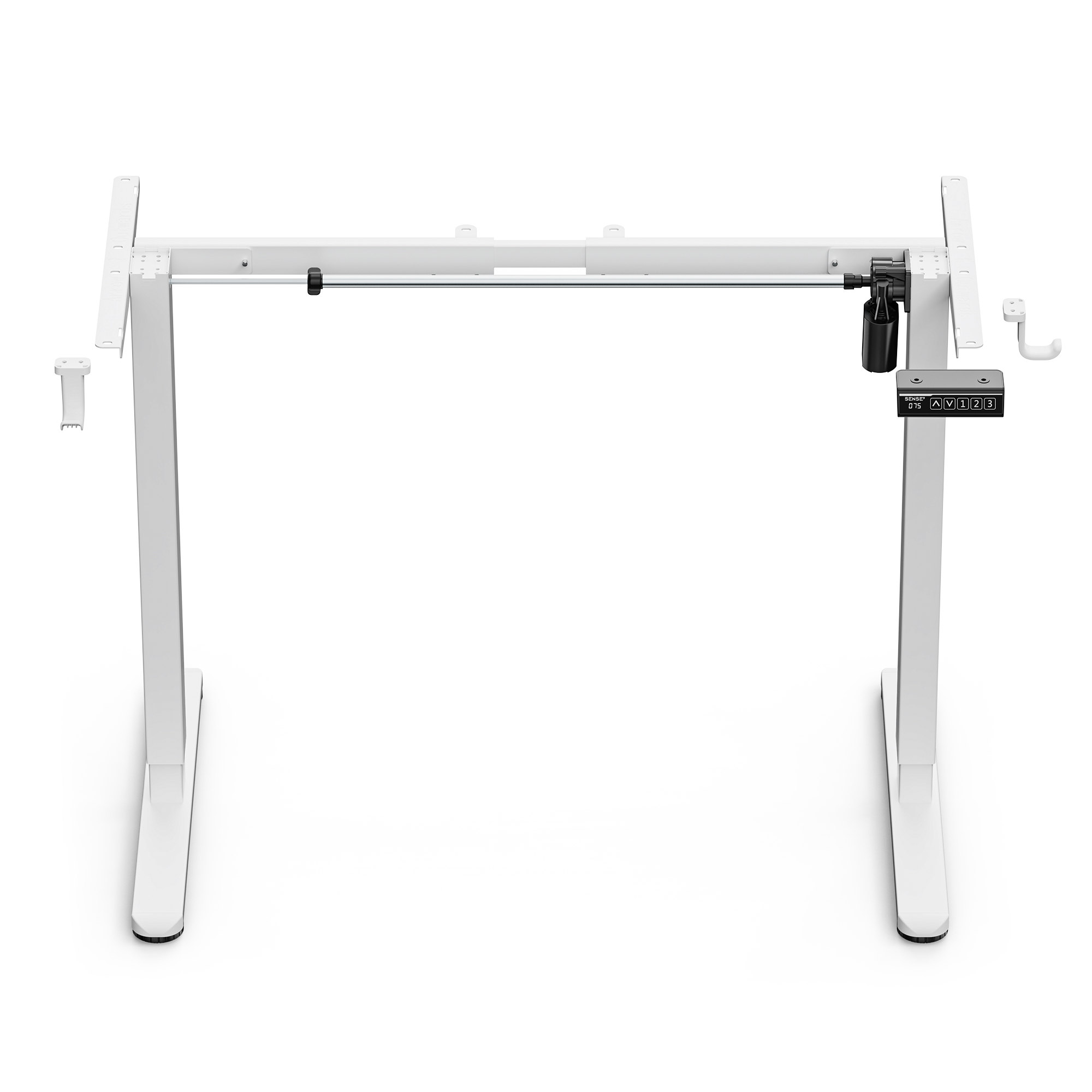 White motorized standing desk frame with dual legs, control panel, and crossbar against a white background.