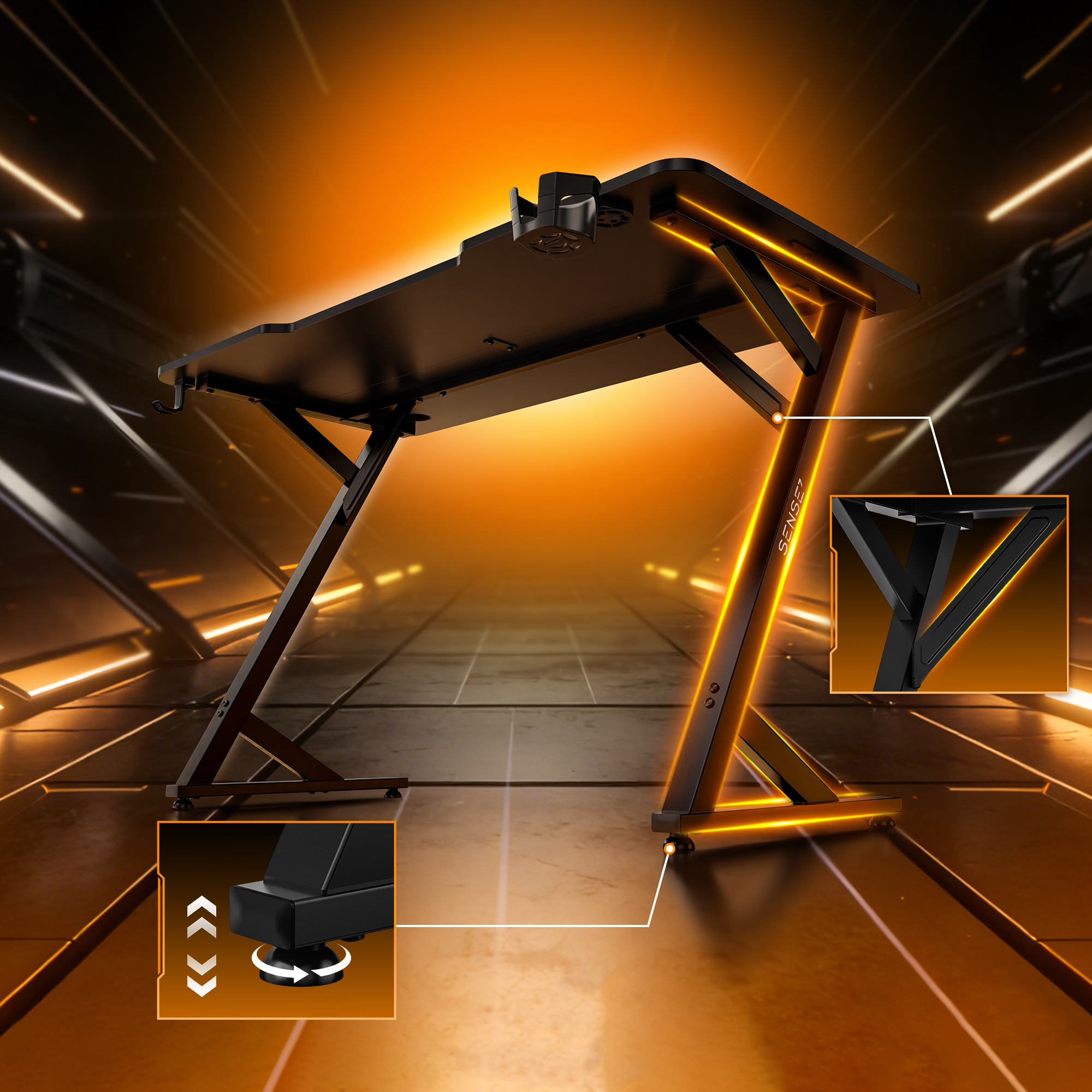 Schwarzer Gaming-Schreibtisch mit orangem Licht, Z-Beinen und Zoom-Ausschnitten in einem futuristischen Raum.