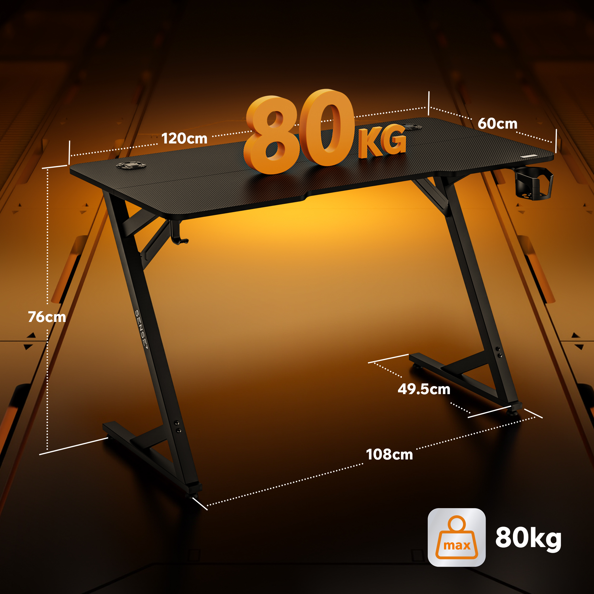 Schwarzer Gaming-Schreibtisch mit Maßen und 80kg Kapazität.